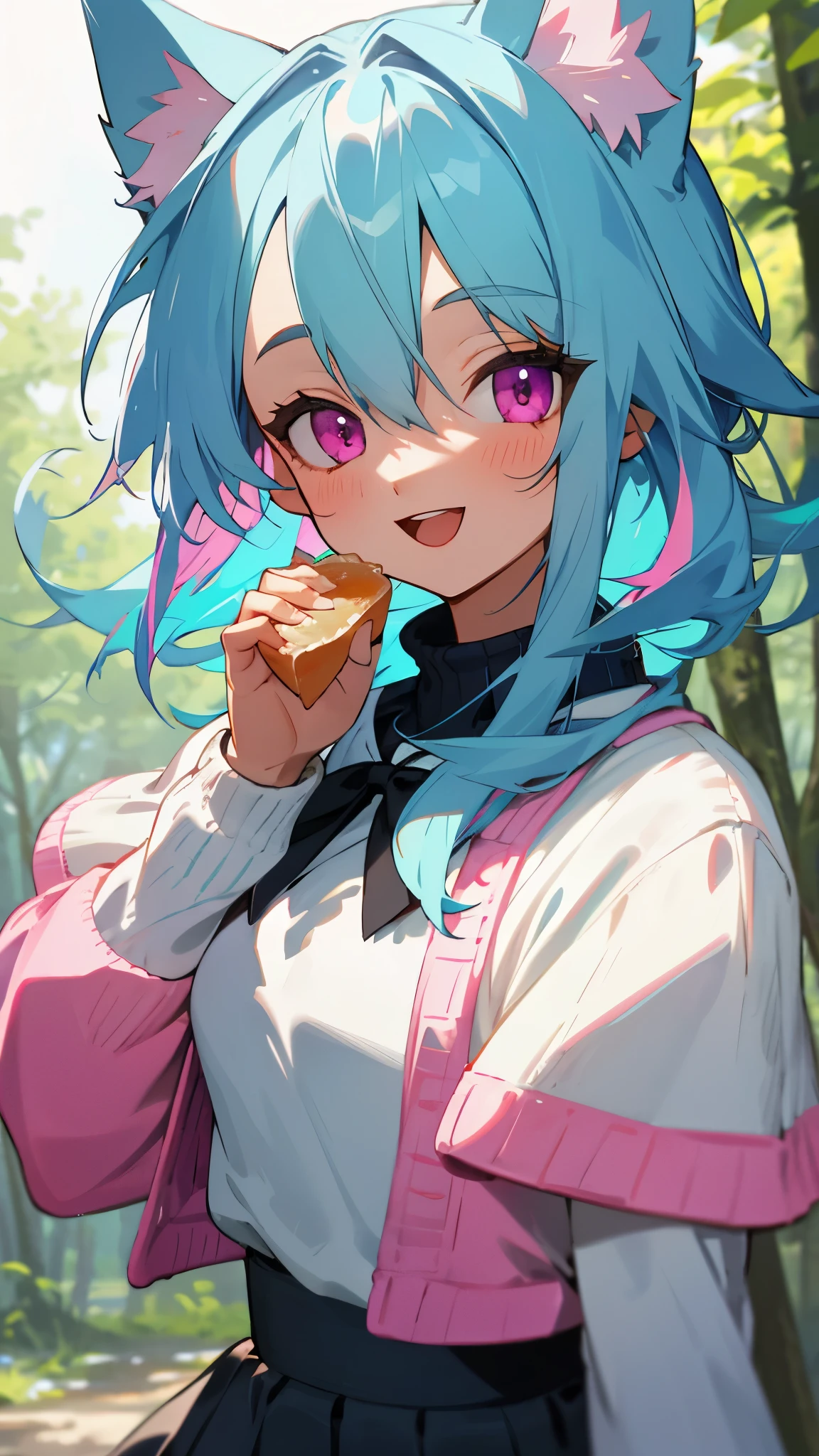 16 year old girl、light blue hair、dog ears、pink eyes、smile、open your mouth、small breasts、skirt、colorful knitwear、in the forest、morning、upper body close-up、Have a packed lunch