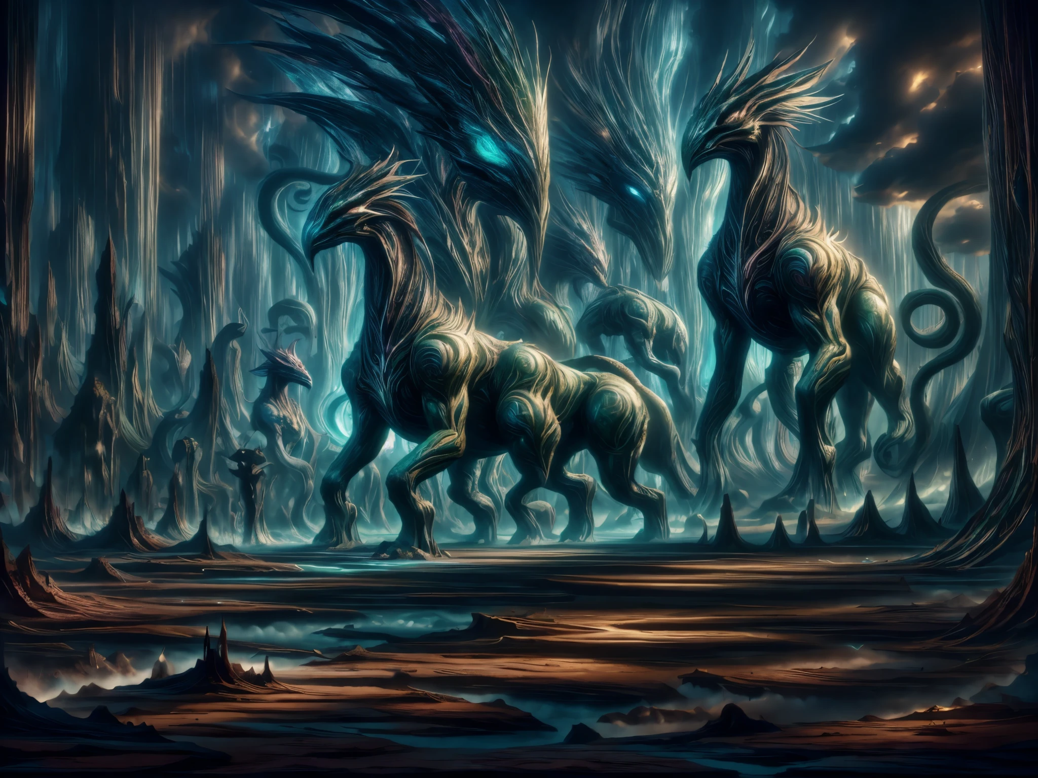 best quality,4k,8k,highres,masterpiece:1.2,ultra-detailed,realistic:1.37,magical creatures,enchanted forest,fantasy illustration,mythical beasts,beautifully detailed animals,mystical atmosphere,glimmering light,ethereal beings,colorful feathers and scales,whimsical creatures,fantastical creature designs,dreamlike scenery,otherworldly charm,mythical creatures in motion,floating islands and waterfalls,majestic wings and horns,magical essence,spellbinding charm,glowing eyes and intricate patterns,magical powers and abilities,fantastical flora and fauna,ethereal glow,imaginative settings,perfectly executed textures,enchanted companions,hidden realms,extraordinary encounters,fairytale-like creatures,creatures of legend and myth,exquisite details and intricate features,awe-inspiring presence,radiant colors and hues,mythical beast hybrids,creature under moonlight,lost in a world of magic