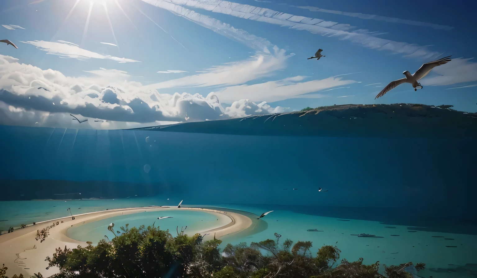 Genera una imagen que capture la esencia de una escena con un lago y gaviotas volando en el cielo azul sobre manglares . The image should convey a feeling of peace and tranquility., utilizando colores suaves y tonos naturales para representar la belleza del mundo natural. El estilo debe ser realista, pero al mismo tiempo, It should have a mind-blowing touch that makes the image really unique and captivating... Piensa en la serenidad de un lago con gaviotas volando en el cielo azul sobre manglares . El objetivo es crear una imagen que no solo sea hermosa, but also provides a moment of calm and relaxation for those who contemplate it.