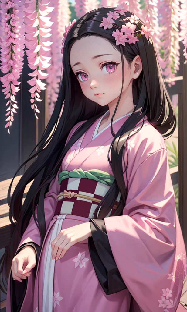 masterpiece, (pink kimono), seductive face, good lighting, décolleté, small details, masterpiece, glowing eyes, 1girl, black hair, on face, Nezuko Kamado, wisteria background, masterpiece, best quality, POV, erotica