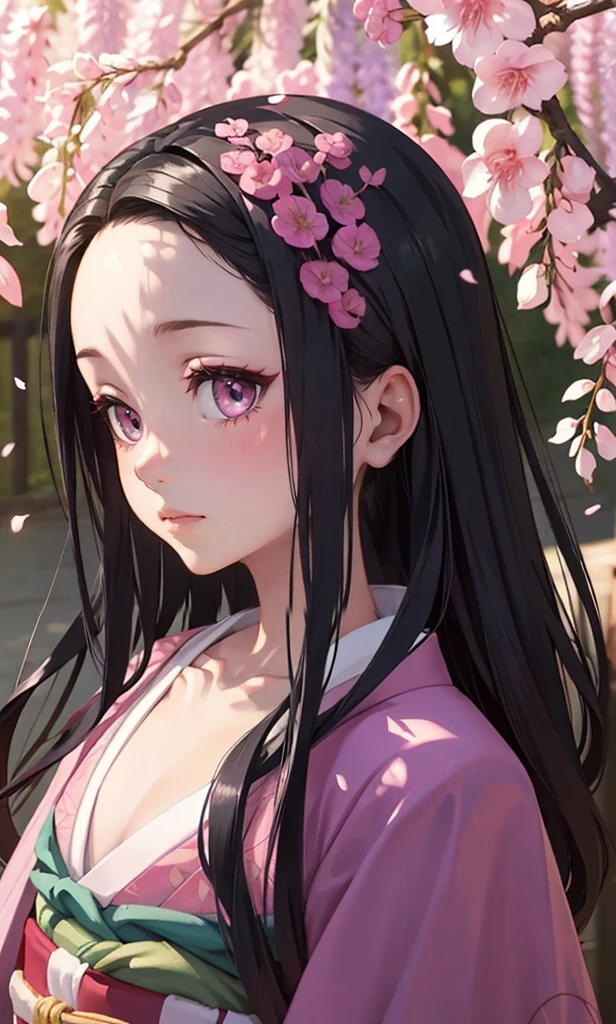 masterpiece, (pink kimono), seductive face, good lighting, décolleté, small details, masterpiece, glowing eyes, 1girl, black hair, on face, Nezuko Kamado, wisteria background, masterpiece, best quality, POV, erotica