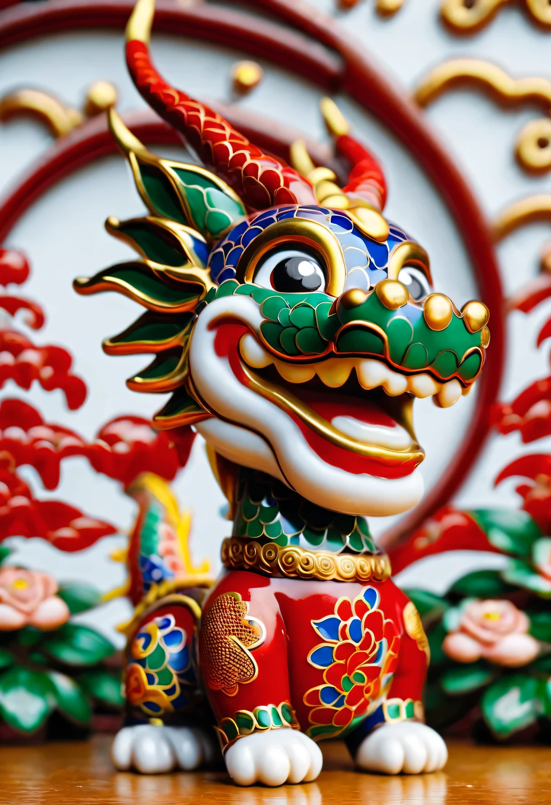 Cloisonné smiling Chinese dragon wearing red sweater，，Lovely，