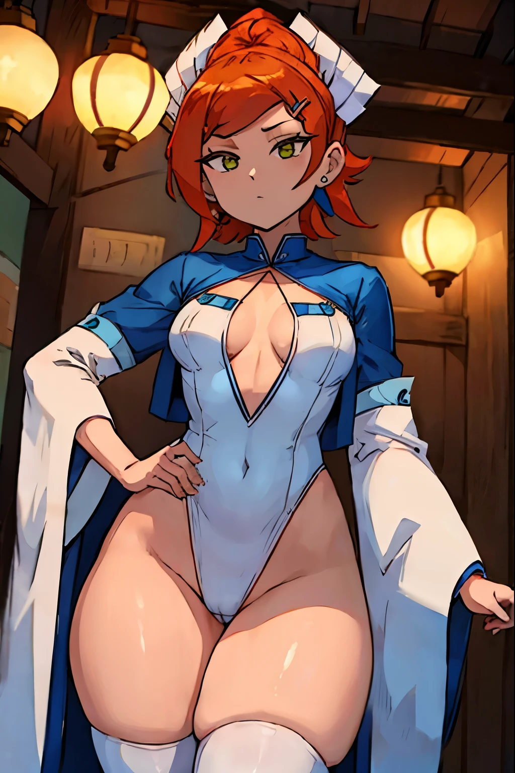 (melhor qualidade:1.4), high resolution, obra de arte,, 1 garota, medium breasts, coxa nua e fina,, enfeite de cabelo, (roupas japonesas brancas miko), mangas destacadas,, corar,, lanterna, Sanctuary,, rosto detalhado