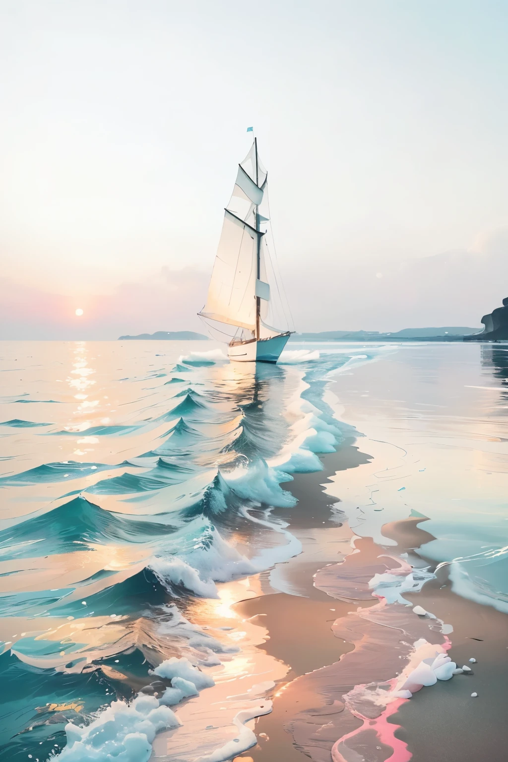 ((Masterpiece)), ((Best quality)), 192x192 pixels, minimalistic, few elements, visually appealing, serene, motion essence, light pastel palette.
Imagine a tranquil scene of gentle waves lapping against a pebbled shore. The water is a soft, baby blue hue, reflecting the warm, blush-pink sky above. Within the scene, a single, elegant sailboat slices through the water, leaving a trail of white foam behind it.
The sailboat's minimalistic design, featuring clean lines and a slim silhouette, is effortlessly elegant. Its sail is a subtle ice-blue, blending seamlessly with