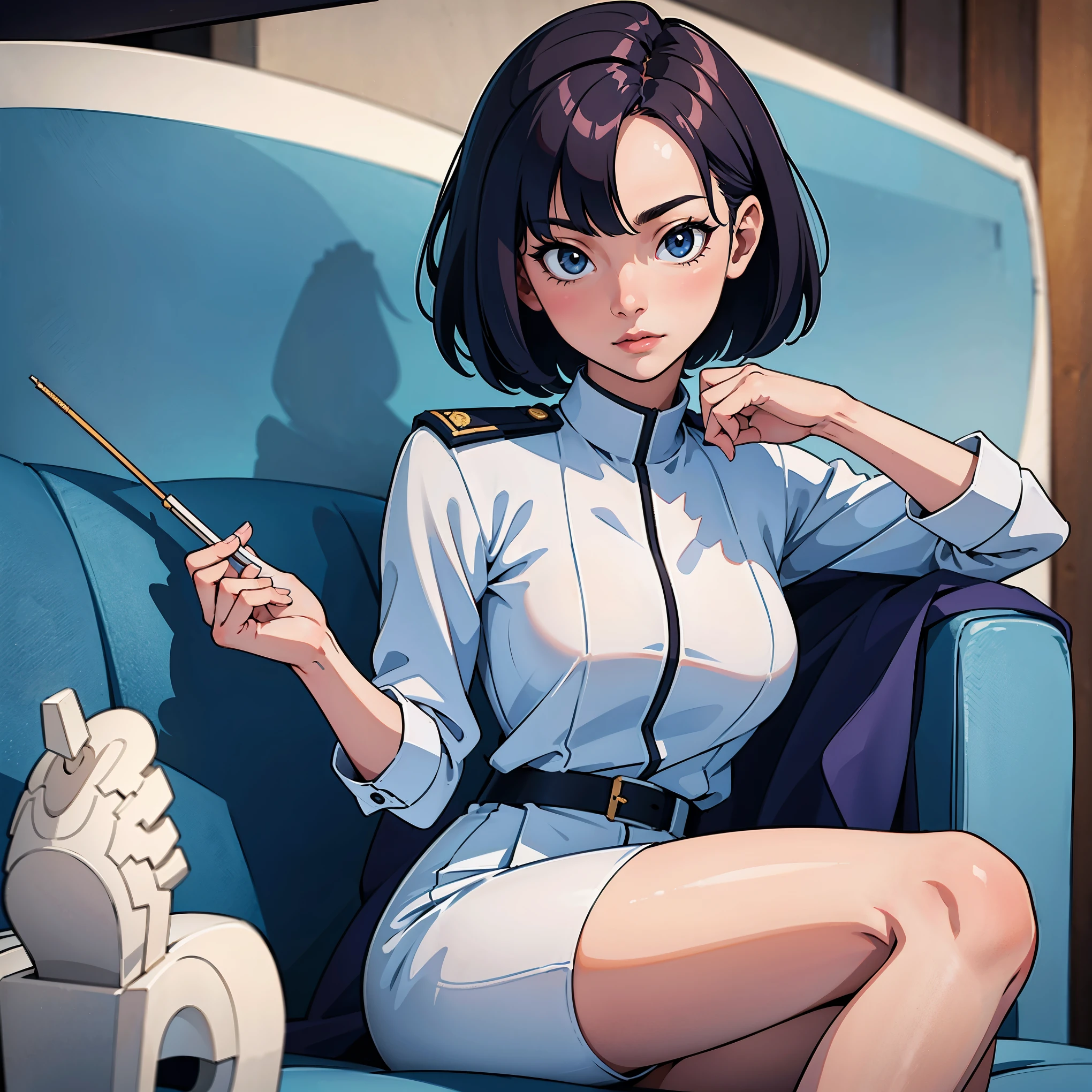 (Higher resolution, distinct_image) A woman of the best quality, masterpiece, highly detailed, semi realistic, asian woman with short hair, with central hair, 18 years old, young, tall and sexy, pure white clothes, white uniforms, military uniforms, military academy, undisciplined, unrestrained, handsome, authoritarian, powerful aura, Satan, angel, fine facial features, facial details,