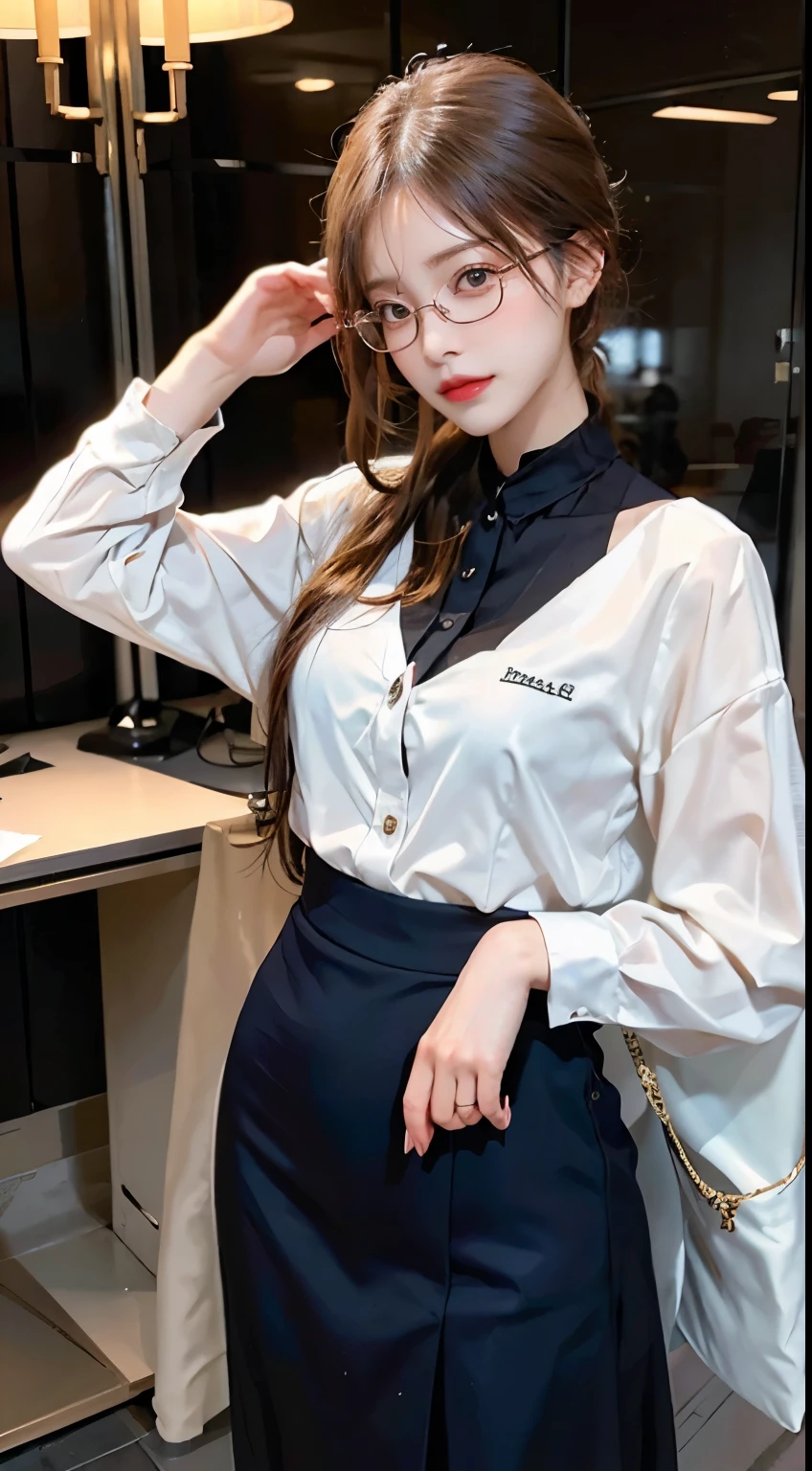 In a scholarly atmosphere, a woman embraces the charm of a glasses-wearing scholar. Her ensemble features modest yet stylish clothing, complemented by a pair of chic glasses that add an intellectual flair. With an air of intelligence and sophistication, she captures the timeless allure of a woman in a refined and tasteful outfit, showcasing the elegance of the glasses-wearing persona in a scholarly setting.
