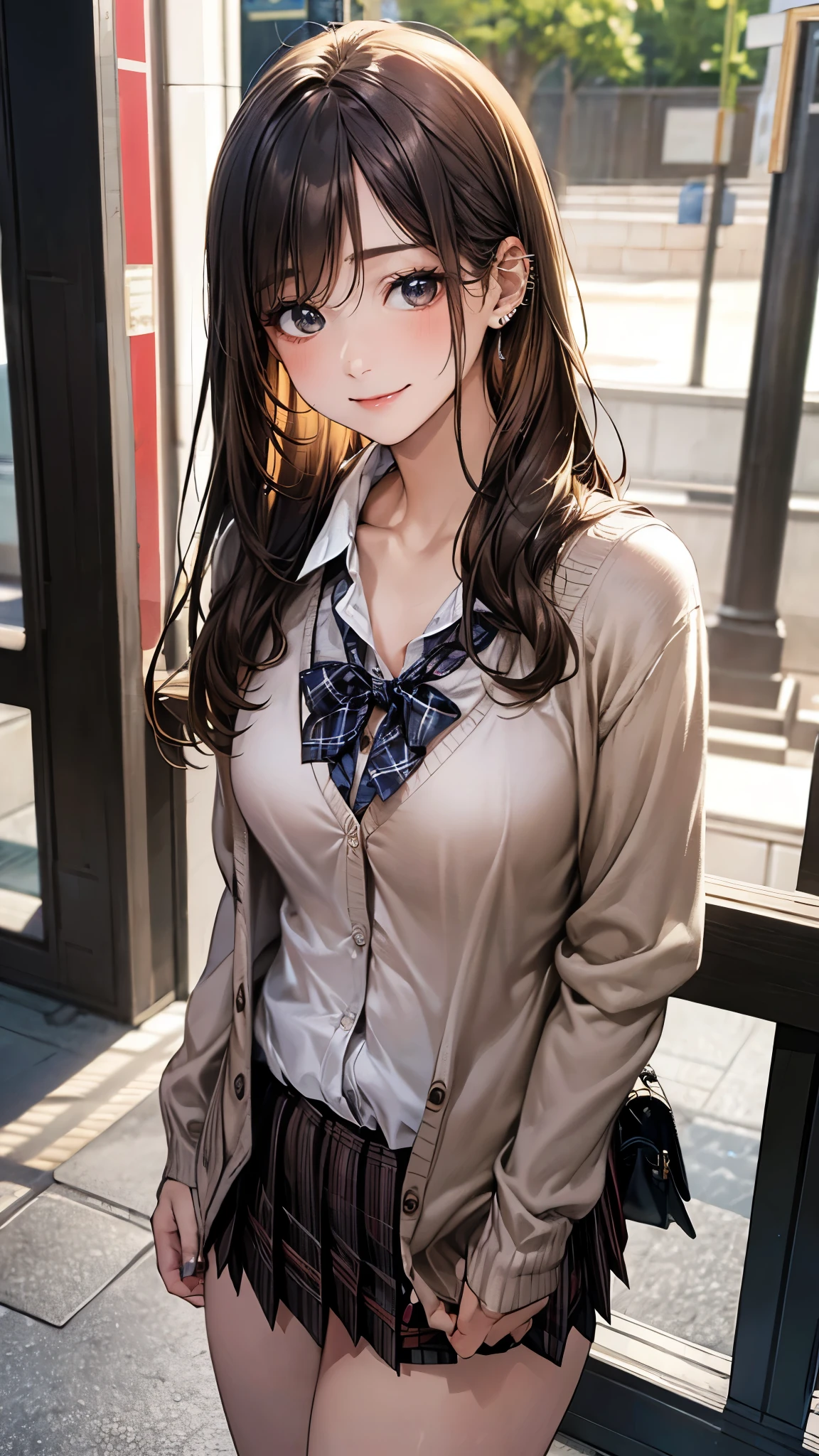 (masterpiece:1.2, top-quality), (realistic, photorealistic:1.4), beautiful illustration, (natural side lighting, movie lighting),
looking at viewer, 1 girl, japanese, high school girl, perfect face, cute and symmetrical face, shiny skin, babyface,
(long hair, straight hair, sideburns, (blond hair)), swept bangs, blue eyes, (middle breasts, seductive thighs, big ass), piercings,
beautiful hair, beautiful face, beautiful detailed eyes, beautiful clavicle, beautiful body, beautiful chest, beautiful thigh, beautiful legs, beautiful fingers,
(((brown cardigan, close clothes), white collared shirt, black plaid pleated miniskirt)),
(beautiful scenery), evening, (caffee shop), standing, (lovly smile, upper eyes),