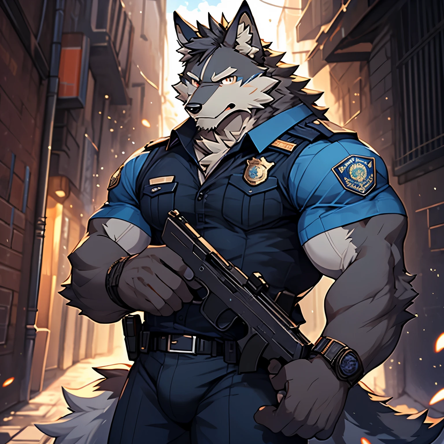 solo, kemono, (wolf), anthro (wolf), anthro, male, anthro male (wolf), anthro (wolf), tail,muscles, handsome, police uniform, bulge, big abs, cloudy, alley, depth of field, perfect lighting, (light particles),(best quality),(masterpiece),(ultra detailed),sharp focus, light particles, strong, serious, blushing, rippled muscles, ultradetailed face, ultradetailed eyes, looking at viewer, good looking, bareness, ((detailed face)), holding a pistol, holding a gun, gun, pistol