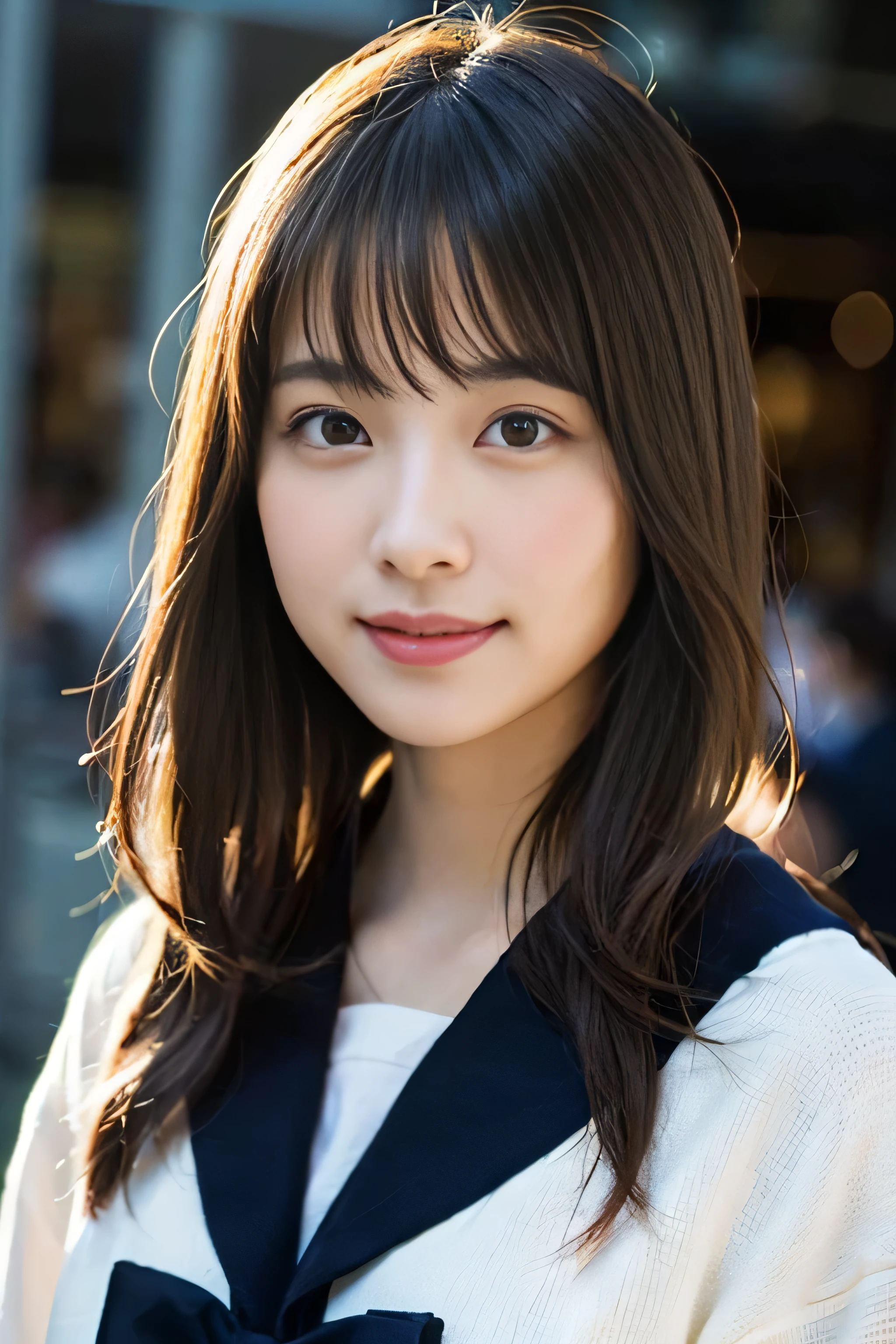 (8K、RAW photo、highest quality、masterpiece:1.2)、(realistic、Photoreal:1.37)、Super detailed、ultra high resolution、1 girl、see the beholder、beautiful and detailed face、laughter、narrow、(slim waist) :1.3)、beautiful and smooth skin、skin texture、floating hair、professional lighting、as a whole human body、long hair、blonde、Japanese high school uniform、sailor suit、admission、、bob hair、E cup、smile、、red ribbon、baby face、childish smile、no makeup、moisturizing lips、pale pink lips、Museum background