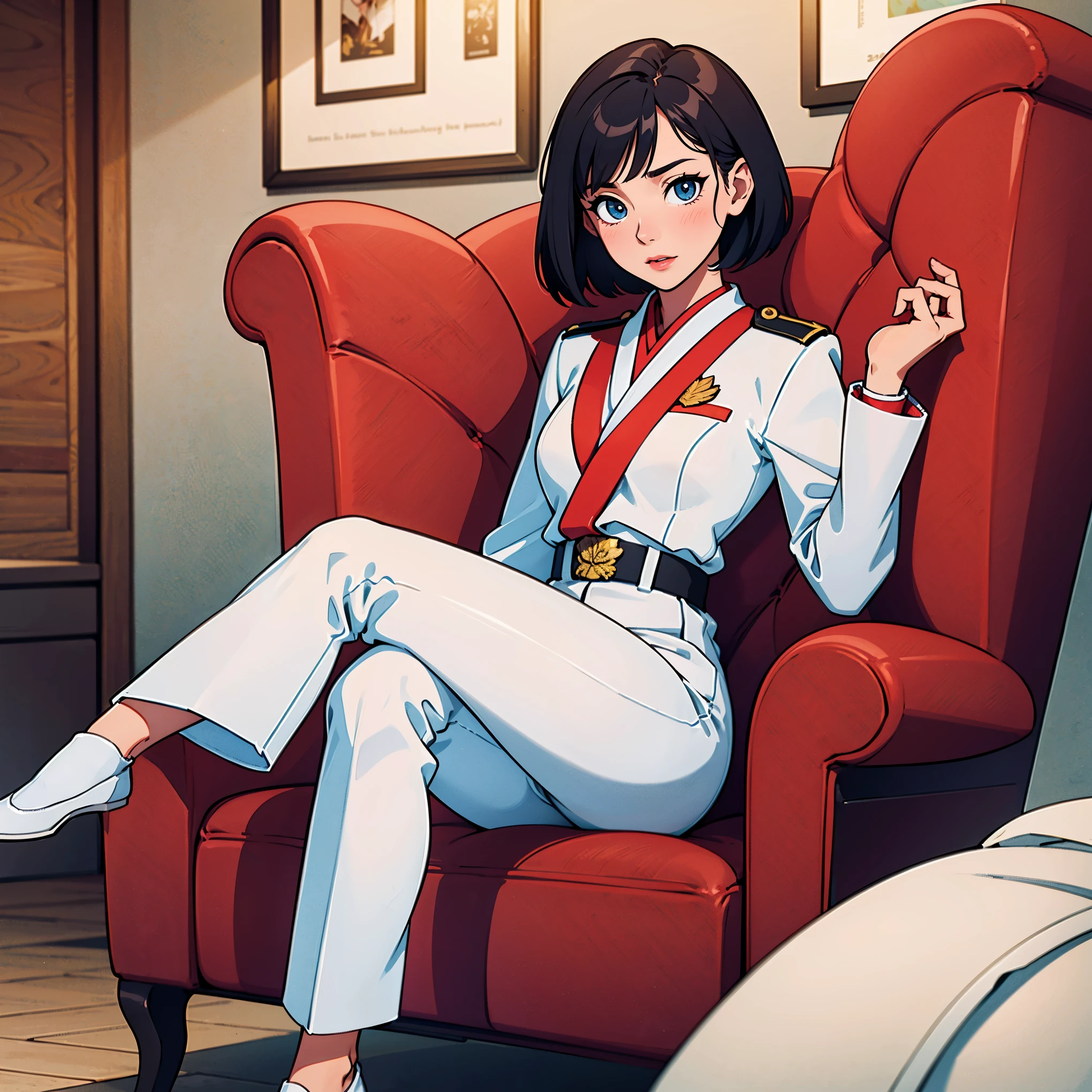 (Higher resolution, distinct_image) A woman of the best quality, masterpiece, highly detailed, semi realistic, asian woman with short hair, with central hair, 18 years old, young, tall and sexy, pure white clothes, white uniforms, military uniforms, military academy, undisciplined, unrestrained, handsome, authoritarian, powerful aura, Satan, angel, fine facial features, facial details,