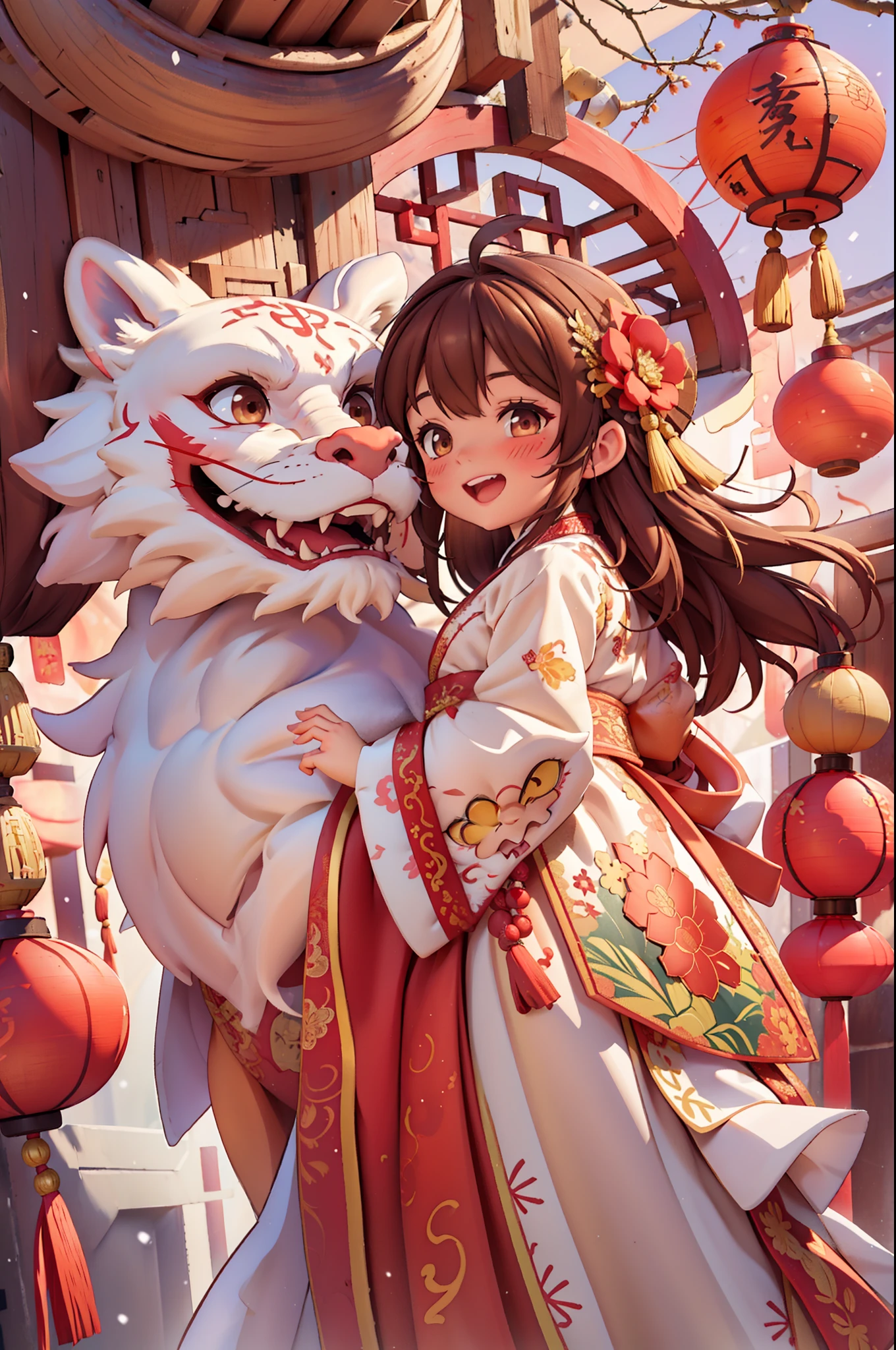 8k,original photo,(masterpiece:1.2),alone,Super detailed,Extremely detailed CG 8k wallpaper,incubation (texture),CNY,1 girl,alone,Wear traditional Chinese clothing to welcome the winter solstice festival, long hair,looking at the audience,blush,Smile,open mouth,simple background,brown hair,hair accessories,Hanfu，long sleeves,skirt,Double tail,brown eyes,Raise your hand,low Double tail,Chinese clothes,red background,Big red lanterns hung high，Holding a wishful ornament，