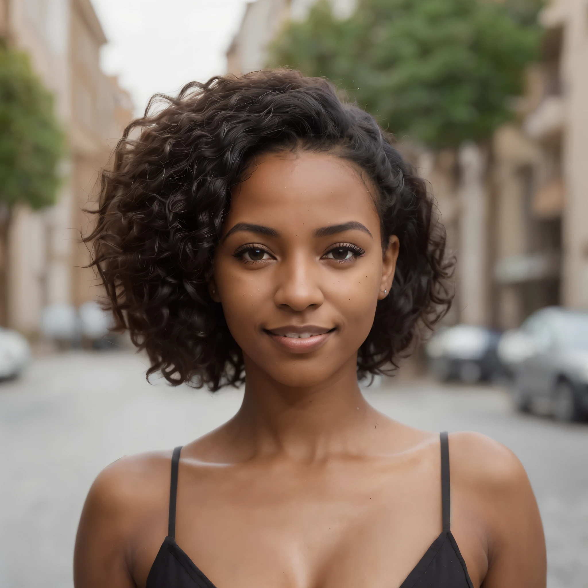 1 mulher negra, Foto realista, rosto detalhado, rua vazia, Detalhe muito alto, cabelo encaracolado, profundidade de campo, cabelo preto, , corpo todo, pelos pubianos, Sorridente.