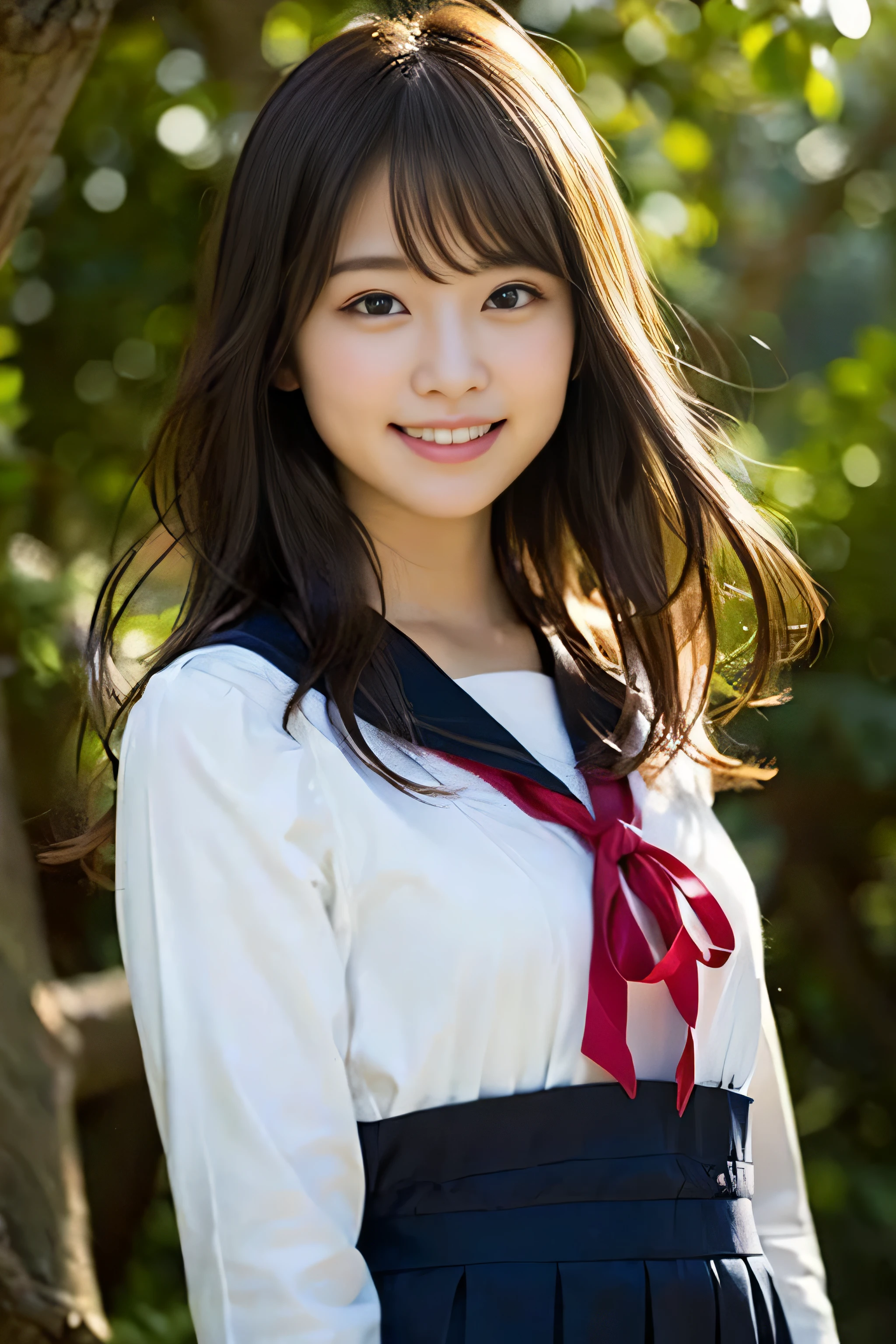 (8K、RAW photo、highest quality、masterpiece:1.2)、(realistic、Photoreal:1.37)、Super detailed、ultra high resolution、1 girl、see the beholder、beautiful and detailed face、laughter、narrow、(slim waist) :1.3)、beautiful and smooth skin、skin texture、floating hair、professional lighting、as a whole human body、blonde、Japanese high school uniform、sailor suit、Twin Hairstyles、E cup、smile、16 years old、red ribbon、baby face、in the forest、Tree of the Rising Sun々Passing sunshine、god々々Shikai、Hair fluttering in Wind、Wind