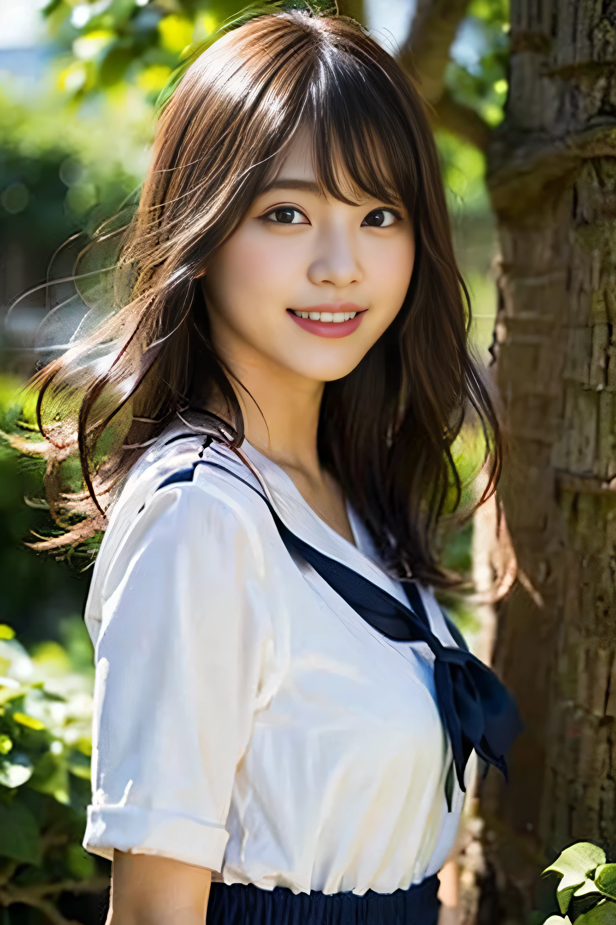 (8K、RAW photo、highest quality、masterpiece:1.2)、(realistic、Photoreal:1.37)、Super detailed、ultra high resolution、1 girl、see the beholder、beautiful and detailed face、laughter、narrow、(slim waist) :1.3)、beautiful and smooth skin、skin texture、floating hair、professional lighting、as a whole human body、blonde、Japanese high school uniform、sailor suit、Twin Hairstyles、E cup、smile、、red ribbon、baby face、inst、Tree of the Rising Sun々Passing sunshine、god々々Shikai、Hair fluttering in Wind、Wind