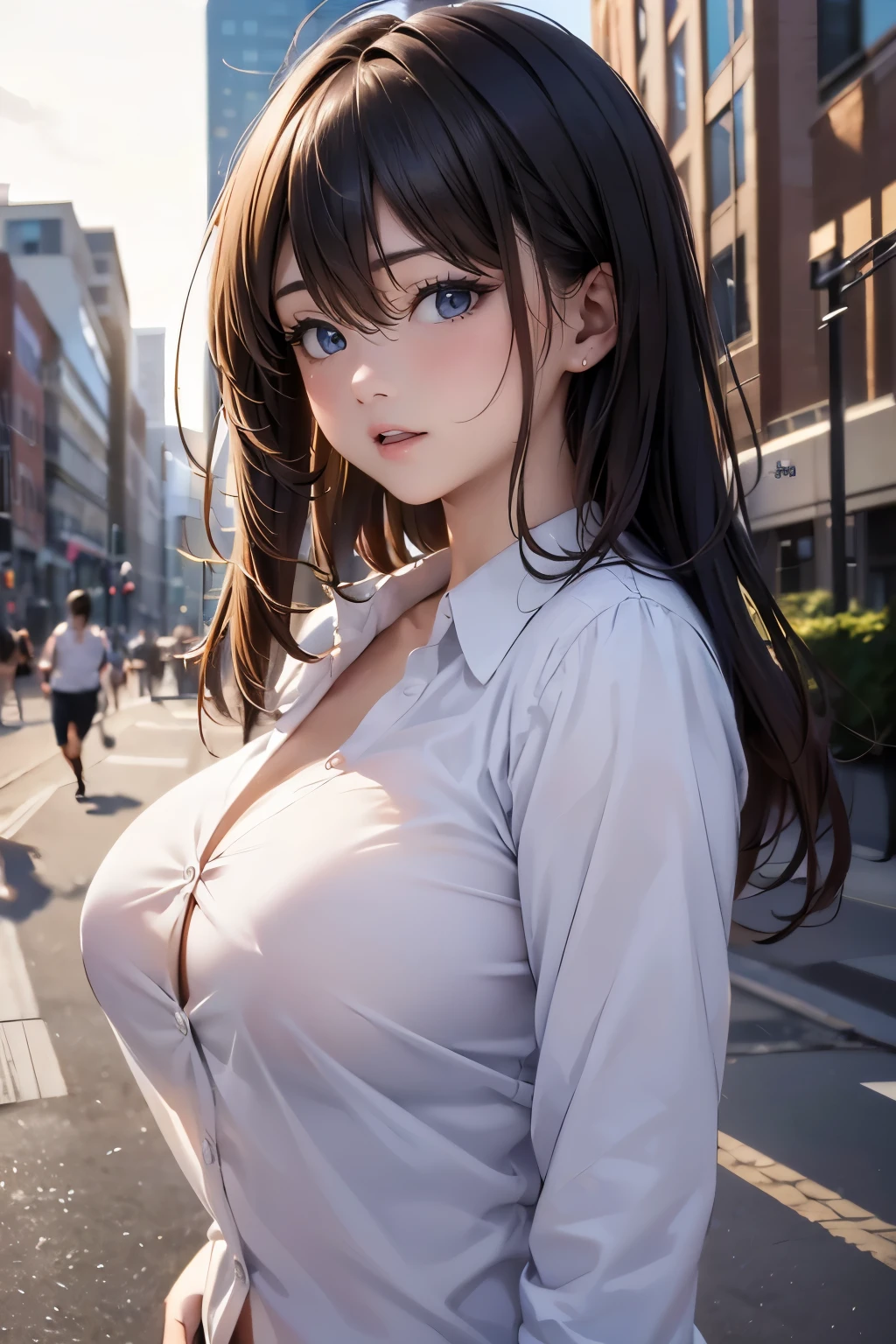Anime girl with long hair and blue eyes posing in the street - SeaArt AI