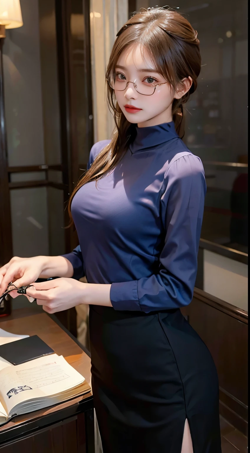 In a scholarly atmosphere, a woman embraces the charm of a glasses-wearing scholar. Her ensemble features modest yet stylish clothing, complemented by a pair of chic glasses that add an intellectual flair. With an air of intelligence and sophistication, she captures the timeless allure of a woman in a refined and tasteful outfit, showcasing the elegance of the glasses-wearing persona in a scholarly setting.