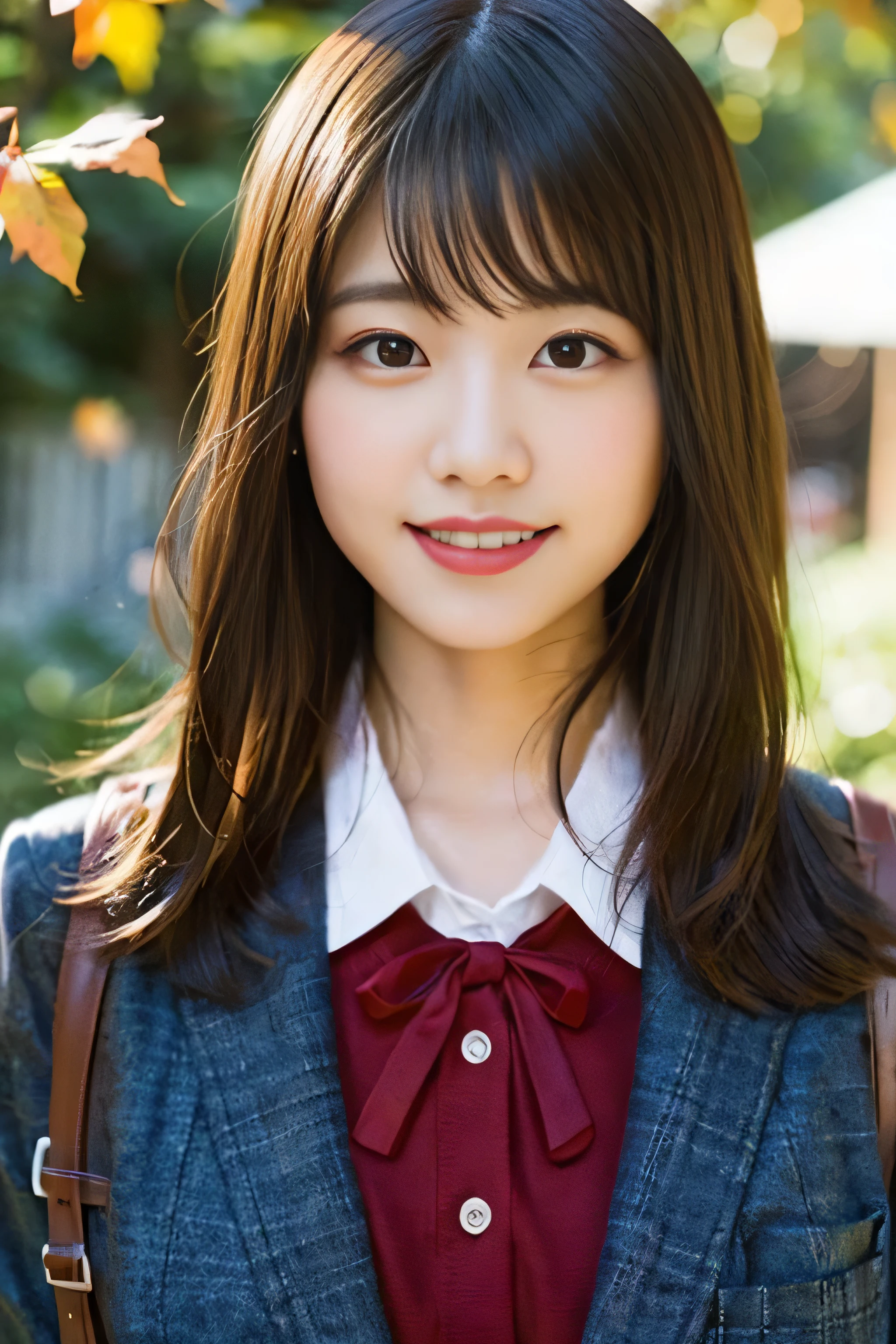(8K、RAW photo、highest quality、masterpiece:1.2)、(realistic、Photoreal:1.37)、Super detailed、ultra high resolution、1 girl、see the beholder、beautiful and detailed face、laughter、narrow、(slim waist) :1.3)、beautiful and smooth skin、skin texture、floating hair、professional lighting、as a whole human body、long hair、blonde、Japanese high school uniform、high school girl、school route、autumn&#39;s、autumn leaves、red ribbon hair、smile、childish smile、no makeup