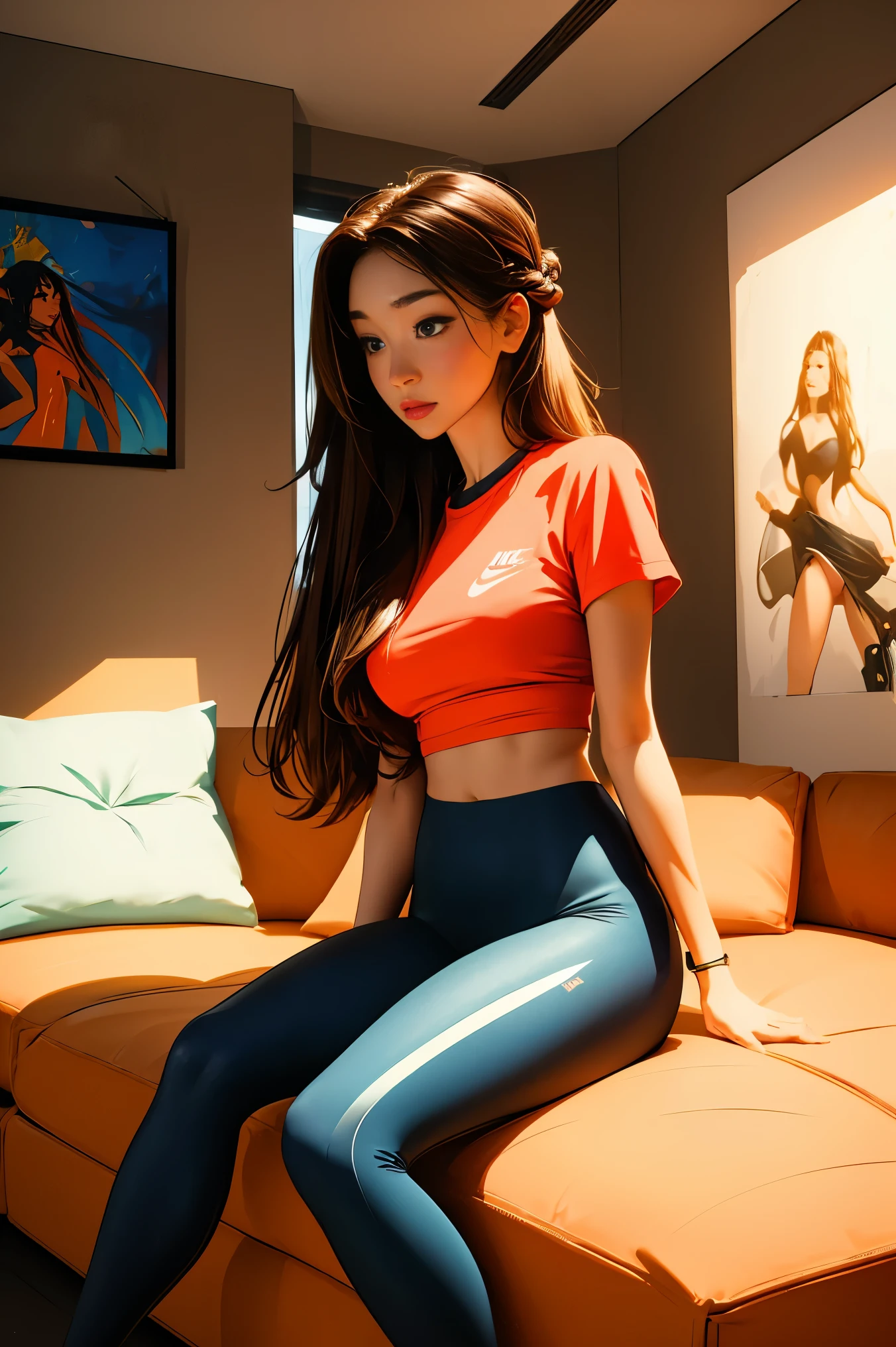 large in front,night,Woman sitting on sofa in nice home, looking at side of tv, watching soccer broadcast, mouth wide open, expression of surprise.mature woman illustration, animation ,Beautiful painting style, realistic art style, 현실적인 animation 아트스타일, Ilya Kubshinov with his long hair tied back, animation 스타일로, mysterious living room, female(masterpiece:1.4), (best quality:1.4),back,꽉 끼는 검은 색 레깅스와 붉은색 티셔츠 입은 female, red t-shirt,red white sports bra ,On the right is the Nike logo,vivid colors, soft focus, Light leakage, dreamy atmosphere, experimental charm, Retro charm break color field painting, A variety of colors, abstract expressionism, bold hues, emotional impact, atmospheric depth, Minimalist approach BREAK, Beautiful woman, UHD (ultra detail) viewers who see it.., another, fancy, long hair, Long hair dyed brown tied back 🌈, leggings clothing, White stardust in dark areas, absurd, high resolution, very detailed, (1 woman : ), vivid colors, soft focus, Light leakage