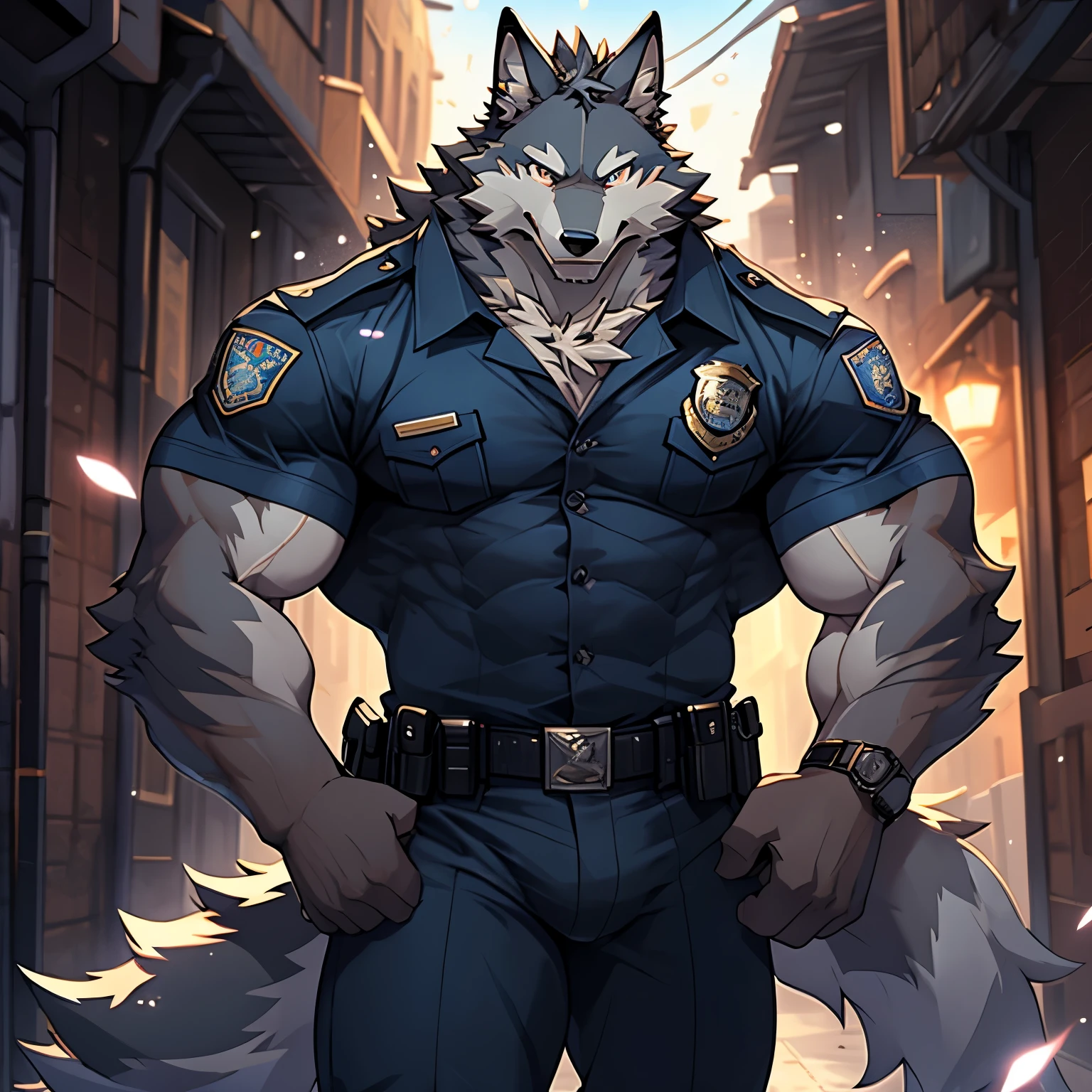 solo, kemono, (wolf), anthro (wolf), anthro, male, anthro male (wolf), anthro (wolf), tail,muscles, handsome, police uniform, bulge, big abs, cloudy, alley, depth of field, perfect lighting, (light particles),(best quality),(masterpiece),(ultra detailed),sharp focus, light particles, strong, serious,, rippled muscles, ultradetailed face, ultradetailed eyes, looking at viewer, good looking, bareness, ((detailed face)), holding a pistol, holding a gun, gun, pistol, shirtless, scars,