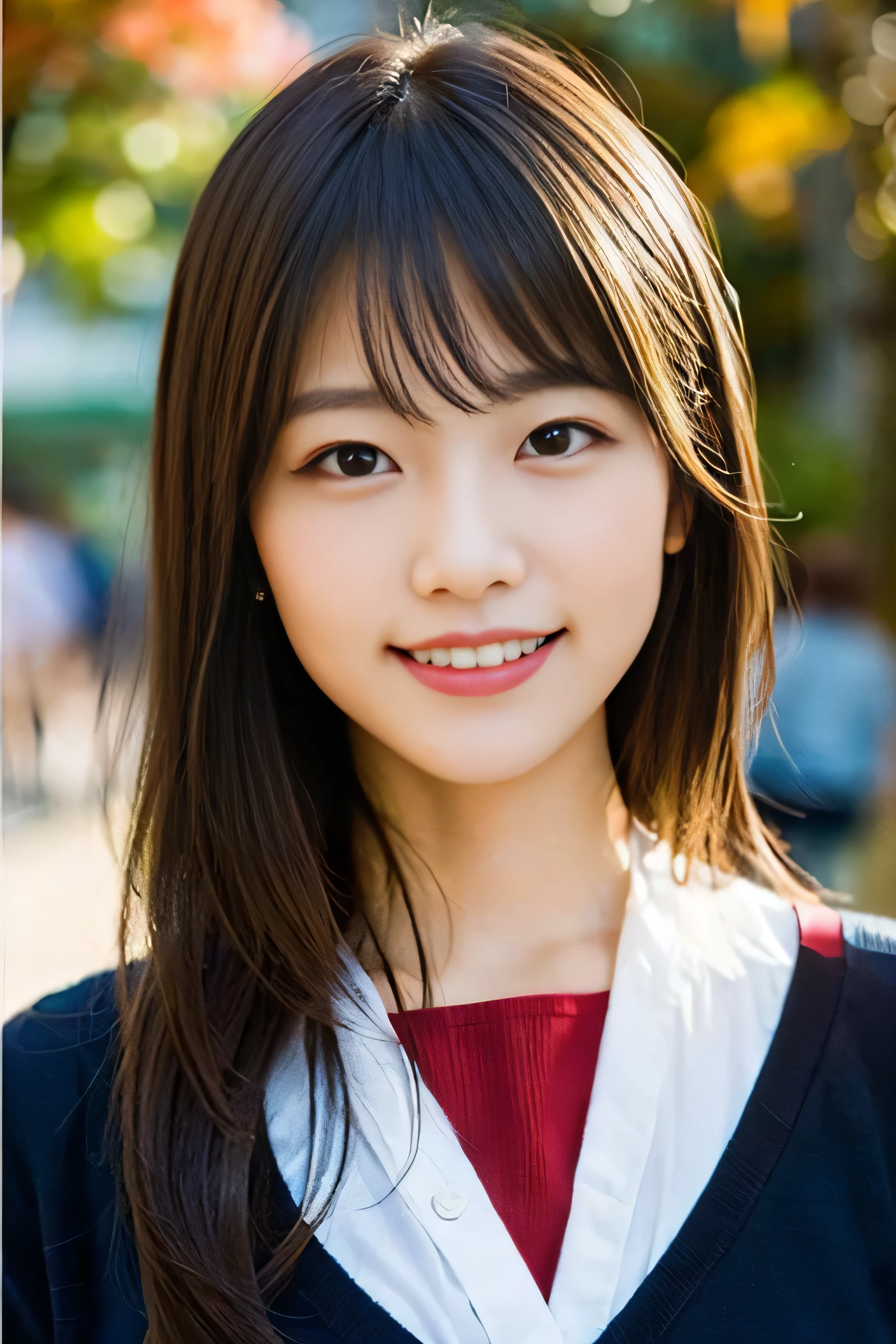 (8K、RAW photo、highest quality、masterpiece:1.2)、(realistic、Photoreal:1.37)、Super detailed、ultra high resolution、1 girl、see the beholder、beautiful and detailed face、laughter、narrow、(slim waist) :1.3)、beautiful and smooth skin、skin texture、floating hair、professional lighting、as a whole human body、long hair、blonde、Japanese high school uniform、high school girl、school route、autumn&#39;s、autumn leaves、red ribbon hair、smile、childish smile、no makeup