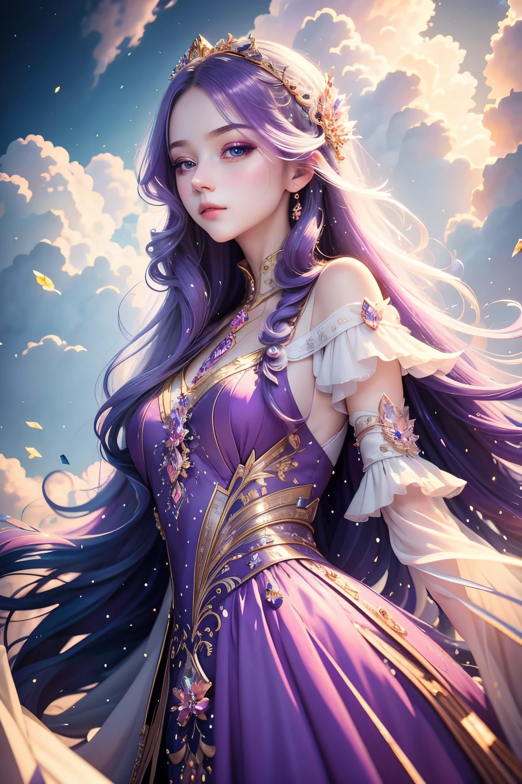 (Very detailed, best quality), floating, Extremely exquisite and beautiful dream scene,, , [(1 girl),(long purple hair), Detailed face, neck strap, Elegant Blue Dress, Standing in the clouds, (Wide-angle lens), (mysterious atmosphere)