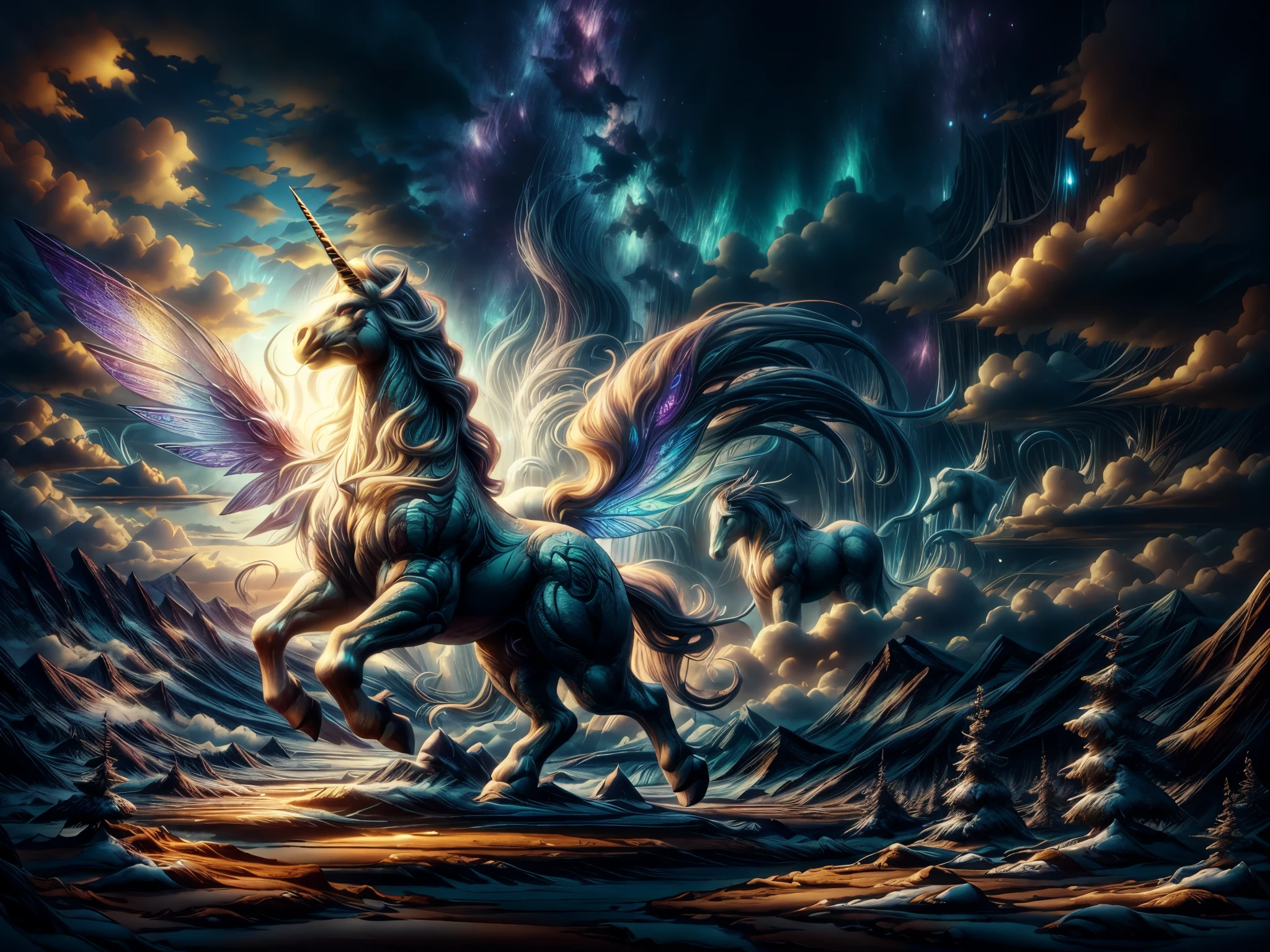 a stunning unicorn with flowing mane and sparkling horn,golden strands of hair,beautifully detailed wings,majestic creature with iridescent scales,a fairy riding on the back of the unicorn,flickering ethereal lights,enchanted forest in the background,soft and dreamy lighting,ethereal and mystical atmosphere,vibrant and vibrant colors,magical and ethereal scene