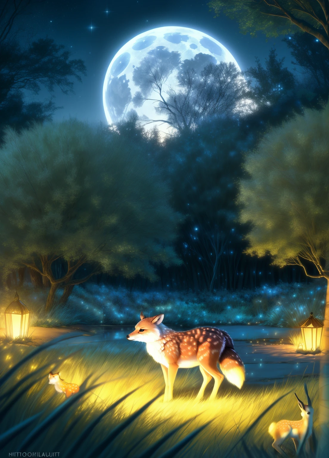 (best quality,4k,8k,highres,masterpiece:1.2),ultra-detailed,(realistic,photorealistic,photo-realistic:1.37),Enchanted forest, illuminated by the soft moonlight,playful foxes,graceful fawns,adorable cubs,wise owls,cute bunnies,prickly hedgehogs gather under the celestial beauty,portraits,landscape,photography,vivid colors,warm tones,soft lighting,peaceful ambiance