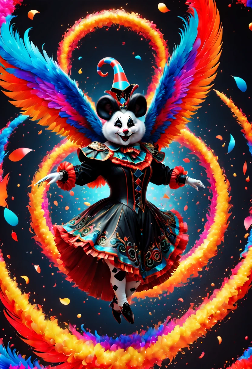 Magical Fantasy, flying (animal) like dancing Pierrot, epic amusement, drkfntasy, gleam, ais-spirals, colorful art, ultra realistic, extremely detailed CG unity 8k wallpaper, masterpiece, best quality
