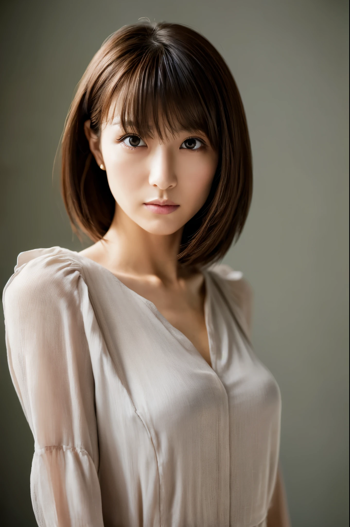 Top quality, realistic, perfect human body structure, very detailed, very delicate and beautiful, RAW photography, professional lighting, luminescence, depth of field, single focal, full body, Skinny Japanese lady, 30 year old lady, brown hair, small head, beautiful eyes, real face, realistic skin, detailed eyes, (fashionable hairstyle:1.3), sexy pose, absurderes, Incredibly Ridiculous res, Extremely fine, Blouse