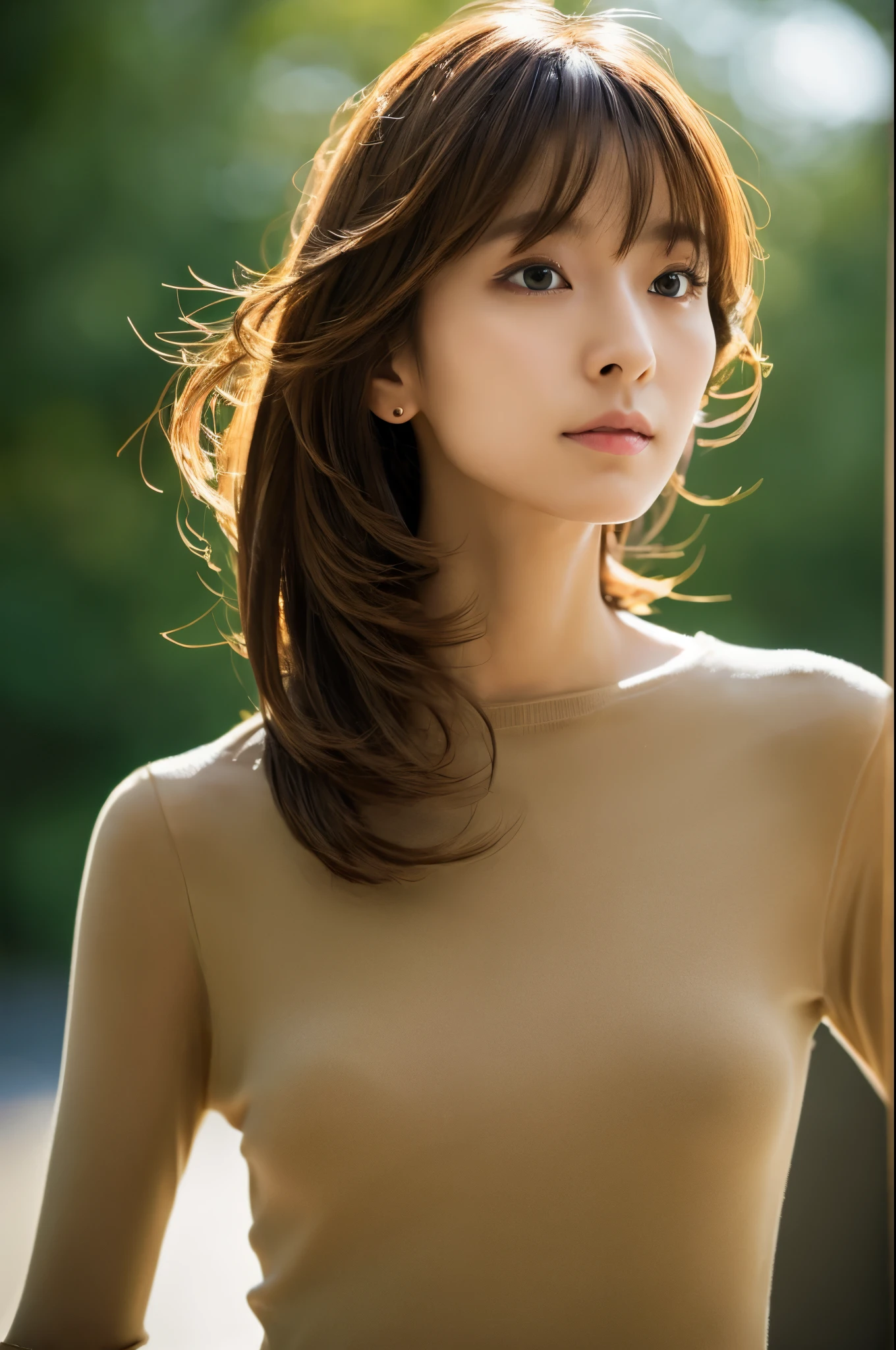 Top quality, realistic, perfect human body structure, very detailed, very delicate and beautiful, RAW photography, professional lighting, luminescence, depth of field, single focal, full body, Skinny Japanese lady, 30 year old lady, brown hair, small head, beautiful eyes, real face, realistic skin, detailed eyes, (fashionable hairstyle:1.3), sexy pose, absurderes, Incredibly Ridiculous res, Extremely fine, Blouse