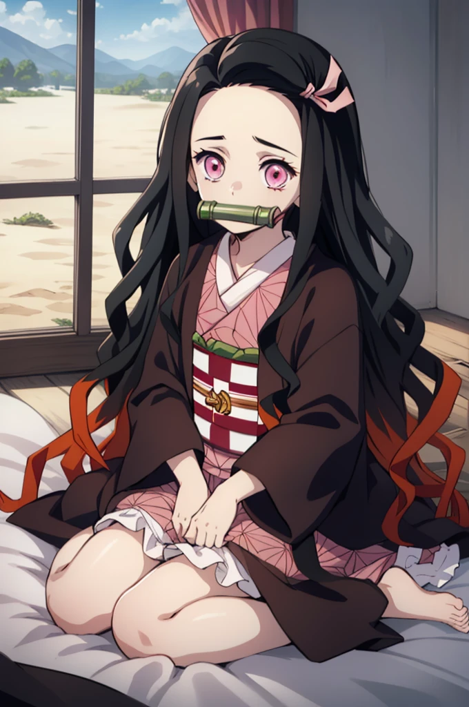 1girl (masterpiece) (highest quality) (shiny hair) (shiny skin), kamado nezuko, demon slayer style, black hair, forehead, hair ribbon, kimono, long hair, multicolored hair, pink eyes, pink kimono, pink ribbon, ribbon, very long hair, gagged, bit gag, (5 , : 1.2) (pink cute room), (pink gothic room), (messy room, fairy tale, Macarons, candy, heart items, ribbons, star items, small windows, (sundries are placed in a mess), dresser, anti-makassar, wariza, sitting, squatting, kneeling, between the legs