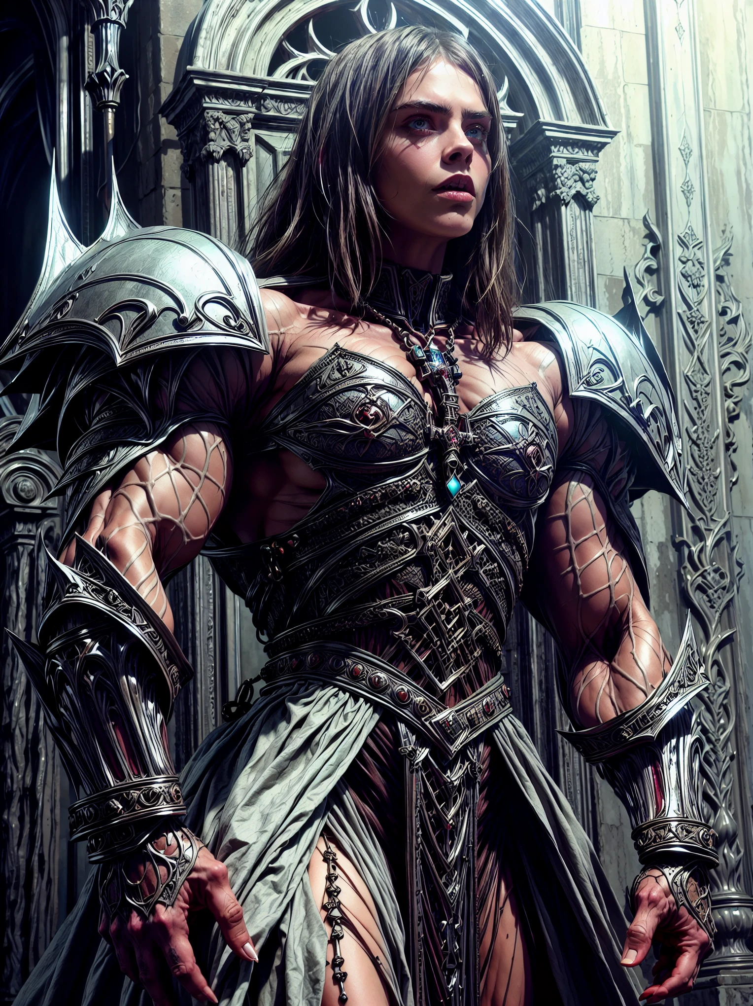 (1 girl), (cara delevingne:1.25), (pure white skin:1.25), Beautiful vampire girl dressed in ornate medieval vampiric full body armor, (perfect fingers:1.24), (extreme muscular definition:1.5), (vampiric body armor:1.25), (huge muscular arms:1.5,) (10-pack abs:1.4), (lots of veins:1.25), Ultra Realistic, Very detailed face and eyes, a true masterpiece, with an atmosphere of horror, gothica, blood, haunted cathedrals