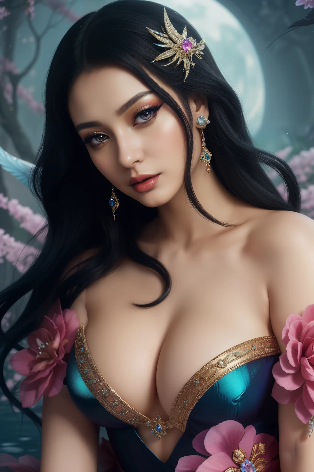 A sensually captivating siren with an alluring air of mystery, her curvaceous form and seductive gaze exude a timeless elegance in this digitally rendered painting. The vibrant colors of her skin, adorned with intricate detailing, create a mesmerizing visual experience that transports viewers into a fantastical realm. The subtle blend of traditional analog aesthetics, reminiscent of oil paints and watercolors, with the modernity of a digital anime style, gives this image a unique and enchanting appeal. With her sultry expression and captivating eyes, the siren becomes a symbol of beauty and allure in the digital age, making this high-