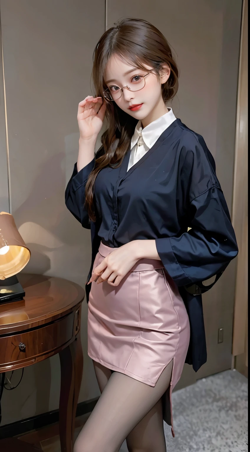 In a scholarly atmosphere, a woman embraces the charm of a glasses-wearing scholar. Her ensemble features modest yet stylish clothing, complemented by a pair of chic glasses that add an intellectual flair. With an air of intelligence and sophistication, she captures the timeless allure of a woman in a refined and tasteful outfit, showcasing the elegance of the glasses-wearing persona in a scholarly setting.