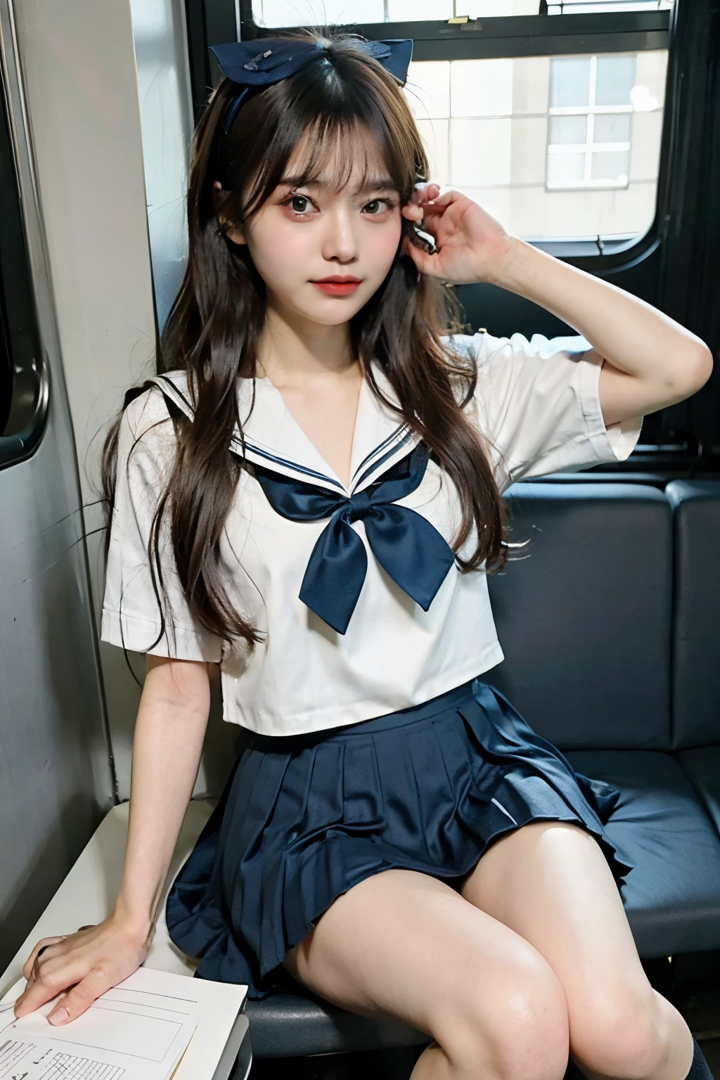 High angle shot, centered view, arafed asian woman in a short skirt and bow tie sitting on a train, cute schoolgirl, girl school uniform, wearing sailor school uniform, sailor school uniform, a hyperrealistic schoolgirl, dressed as , hyperrealistic , wearing school uniform, realistic , girl wearing uniform, wearing a school uniform, of a posing, full body, nice skin, glowing skin, nice thighs, glowing thigh, glowing legs, barefoot