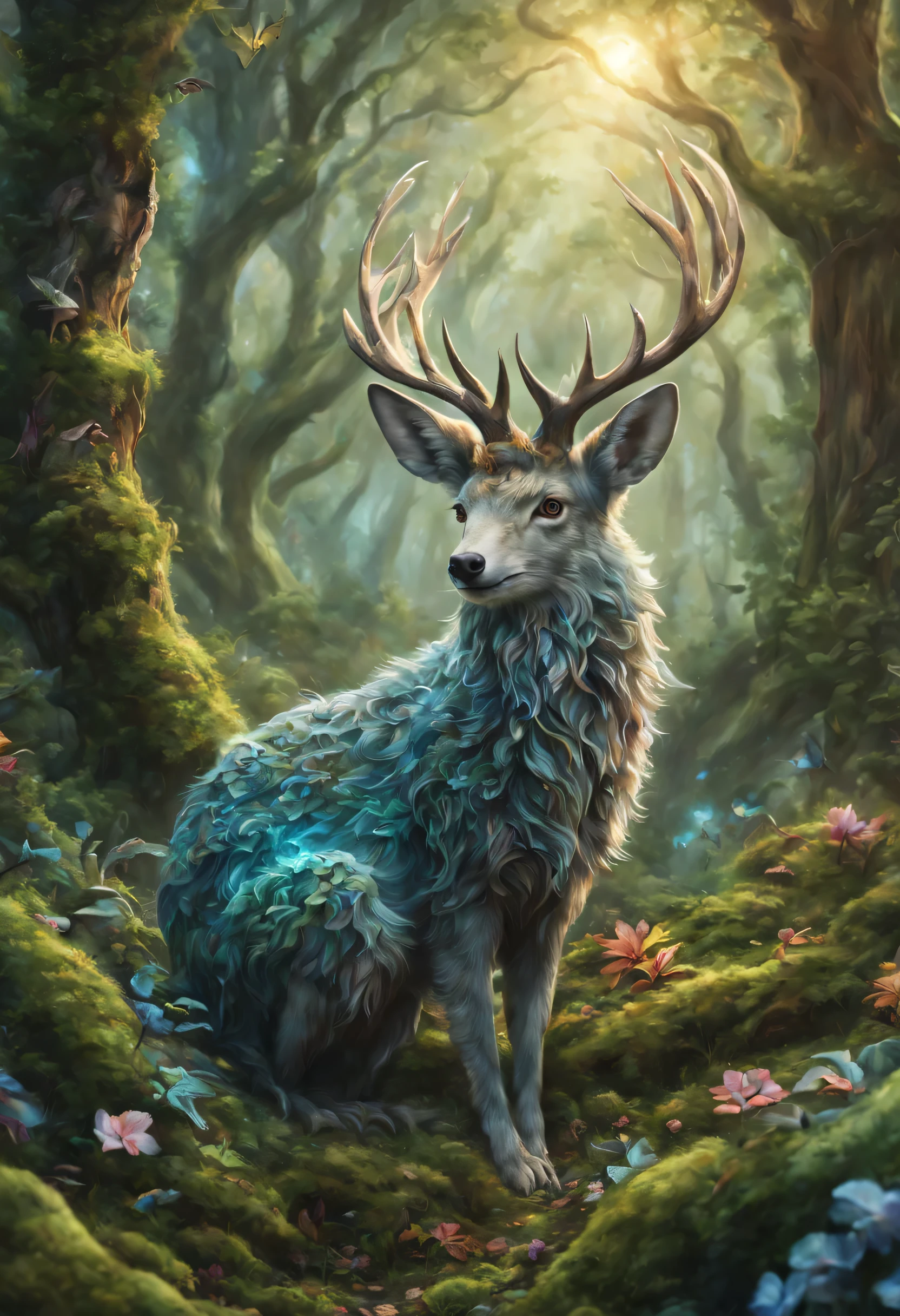 A mysterious enchanted forest, Fantastic animals living in the forest, Fantasy animals, magical world, mysterious creature, Bizarre creatures, Fantasy colors, enchanted forest, Fantasy elements, Fantasy elements, The forest is full of magic, It gives a sense of mystery、dreamy feeling, Charm Aura, (best quality,4K,8k,high resolution,masterpiece:1.2), Super detailed, (actual,photoactual,photo-actual:1.37), enchanted woodland, magical residents, mysterious flora and fauna, Vibrant and whimsical colors, charming elements, Atmospheric magic, fantastic forest scene, surreal environment, Strong sense of surprise and mystery.