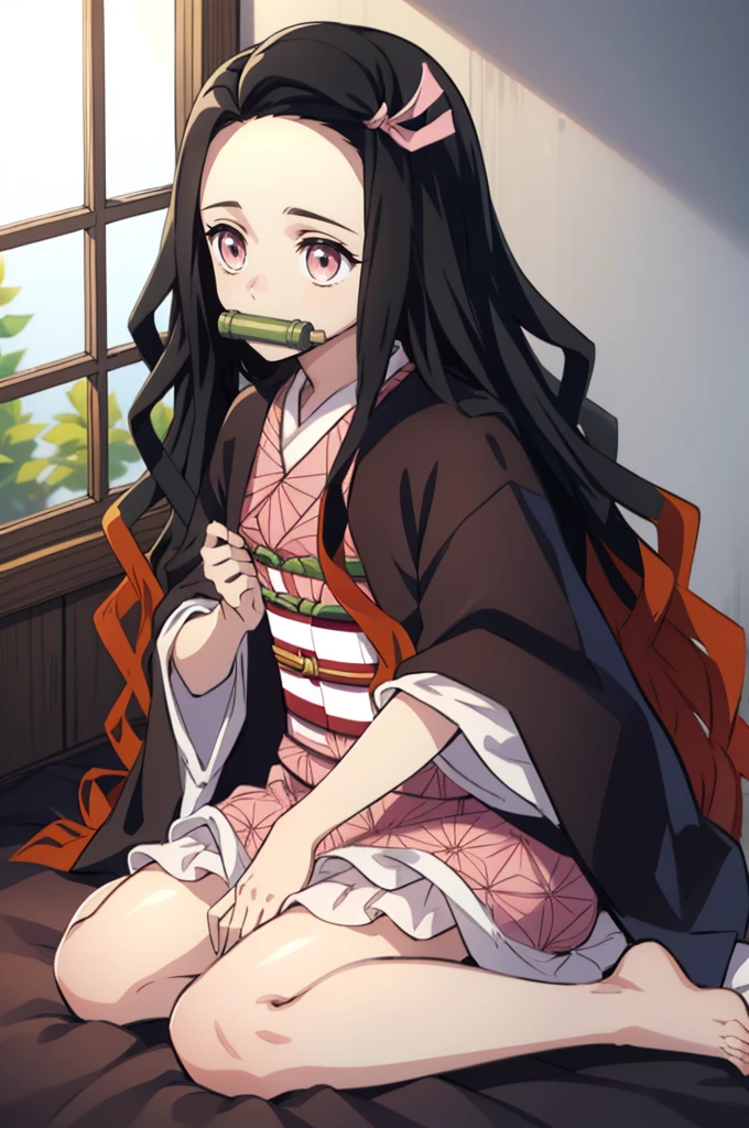 1girl (masterpiece) (highest quality) (shiny hair) (shiny skin), kamado nezuko, demon slayer style, black hair, forehead, hair ribbon, kimono, long hair, multicolored hair, pink eyes, pink kimono, pink ribbon, ribbon, very long hair, gagged, bit gag, (5 , : 1.2) (pink cute room), (pink gothic room), (messy room, fairy tale, Macarons, candy, heart items, ribbons, star items, small windows, (sundries are placed in a mess), dresser, anti-makassar, wariza, sitting, squatting, kneeling, between the legs