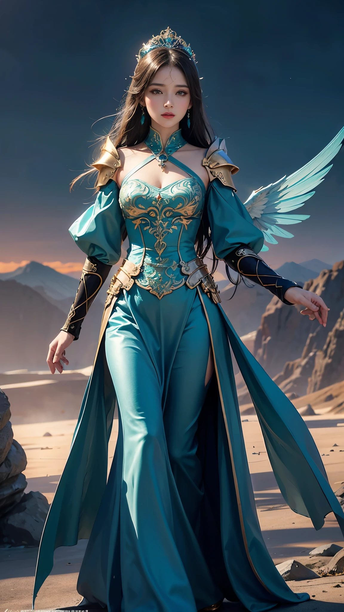 Woman in teal outfit, view the viewer, Purple wings, Slim waist, Long hair, Ultra-detailed details, High-end Zhenyi station, Rainstorm site, detailed fantasy art, Stunning character art, Beautiful and exquisite character art, Beautiful teal armor, Extremely detailed, Girl in shiny armor, Exquisite tiaras and jewelry, Crystal jewelry filigree, milky ways, Stunning visuals, (dynamic streaks, light tracks:1.2), Vibrant colors, attractive pose,