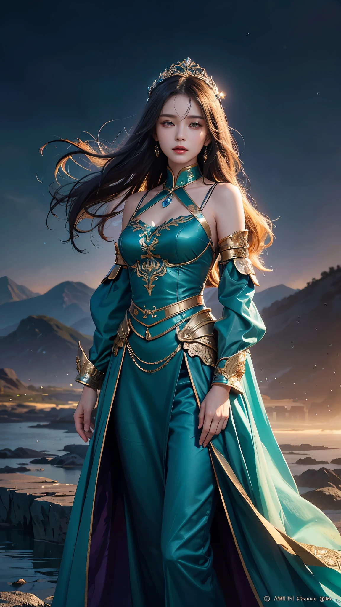 Woman in teal outfit, view the viewer, Purple wings, Slim waist, Long hair, Ultra-detailed details, High-end Zhenyi station, Rainstorm site, detailed fantasy art, Stunning character art, Beautiful and exquisite character art, Beautiful teal armor, Extremely detailed, Girl in shiny armor, Exquisite tiaras and jewelry, Crystal jewelry filigree, milky ways, Stunning visuals, (dynamic streaks, light tracks:1.2), Vibrant colors, attractive pose,