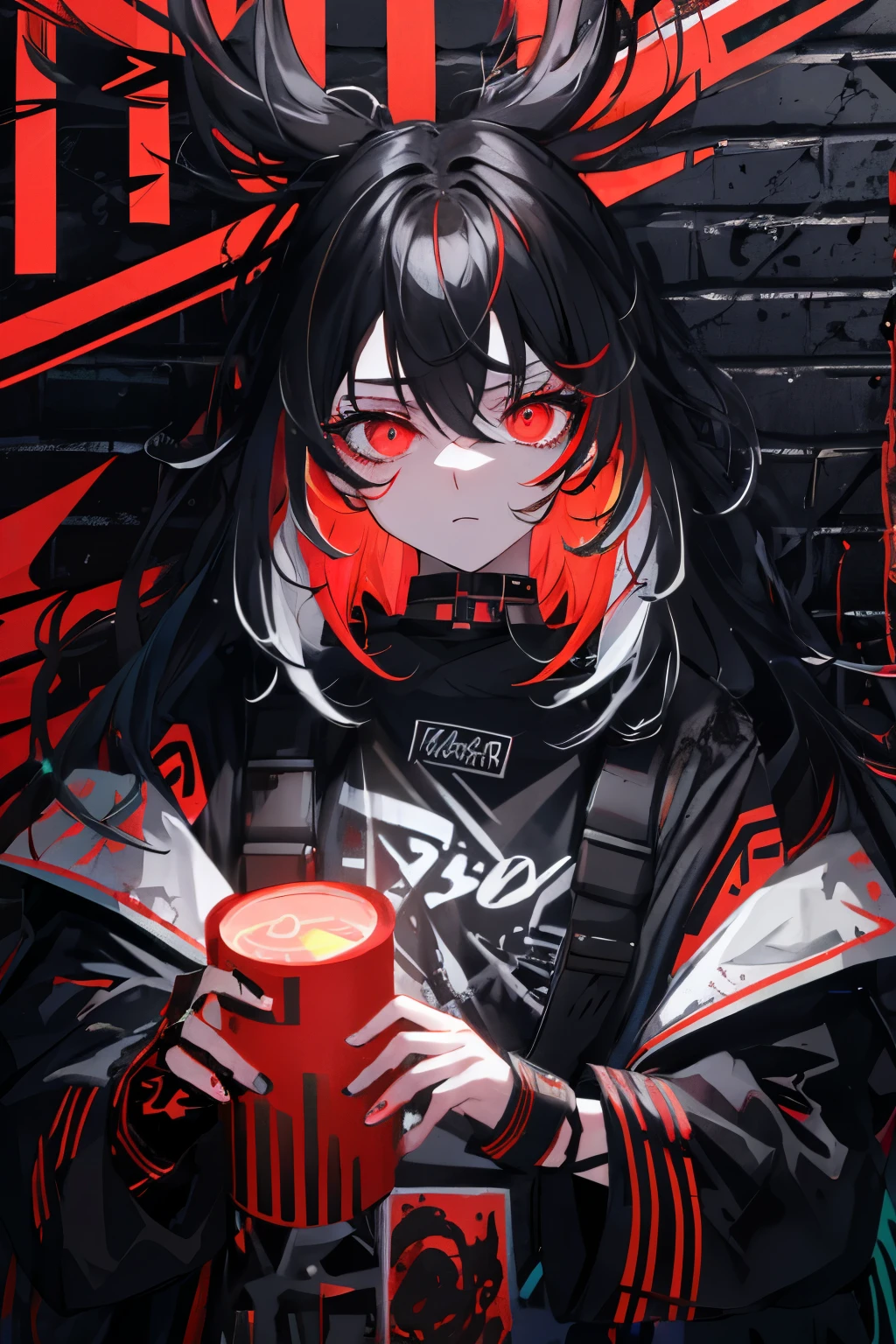 best quality, intricate details, chromatic aberration,
1girl, long hair, black hair, messy hair, red highlights, hair over one eye, red eyes, sharp eyes,
choker, neon shirt, torn legwear, open jacket,
against wall, brick wall, graffiti, glowing grafiti, glowing tattoos, glow, neon lights,
blacklight,