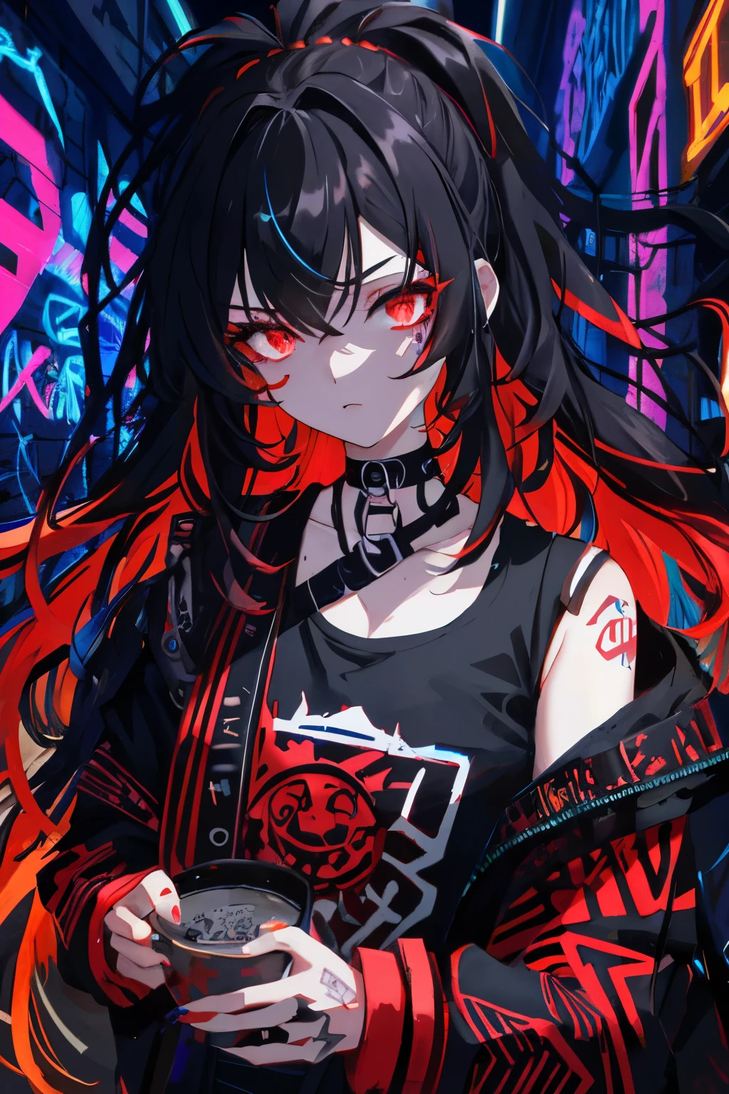 best quality, intricate details, chromatic aberration, 

1girl, long hair, black hair, messy hair, red highlights, hair over one eye, red eyes, sharp eyes, 

choker, neon shirt, torn legwear, open jacket, 

against wall, brick wall, graffiti, glowing grafiti, glowing tattoos, glow, neon lights, 


blacklight,  