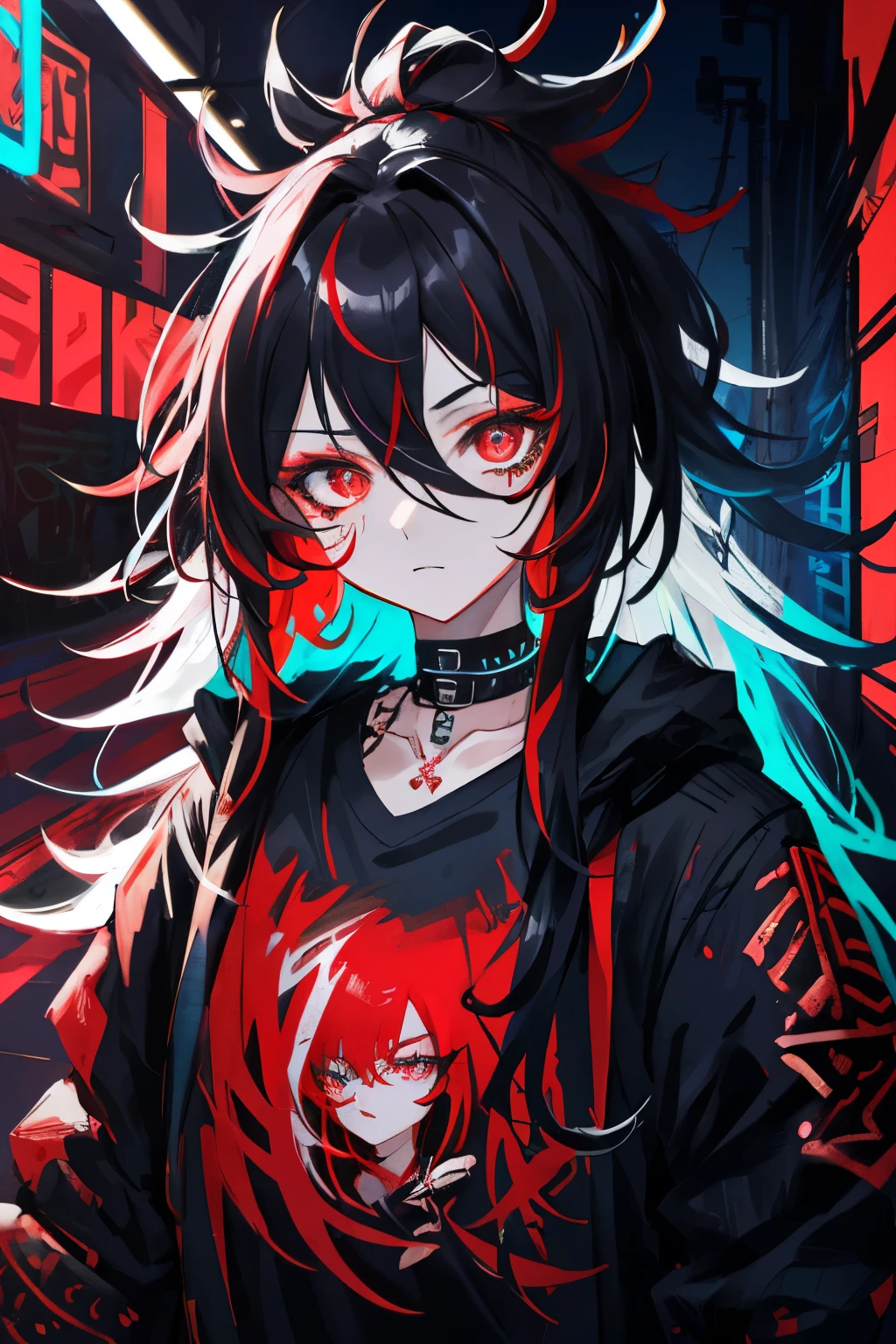 best quality, intricate details, chromatic aberration,
1girl, long hair, black hair, messy hair, red highlights, hair over one eye, red eyes, sharp eyes,
choker, neon shirt, torn legwear, open jacket,
against wall, brick wall, graffiti, glowing grafiti, glowing tattoos, glow, neon lights,
blacklight,