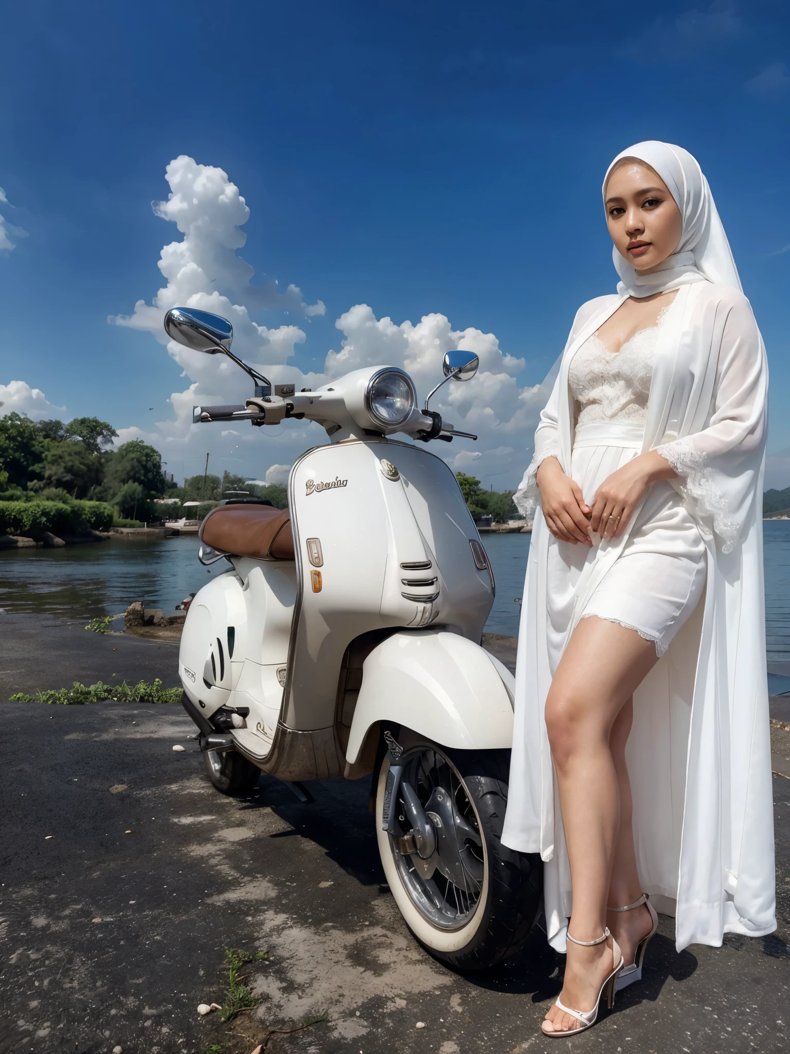 RAW, Best quality, high resolution, Masterpiece: 1.3, Indonesian woman wearing hijab, (30 years old), weight (body 60kg), curvaceous, wearing pearl white lace robe, white long skirt, heels, Masterpiece, Soft smile, VESPA bellissima