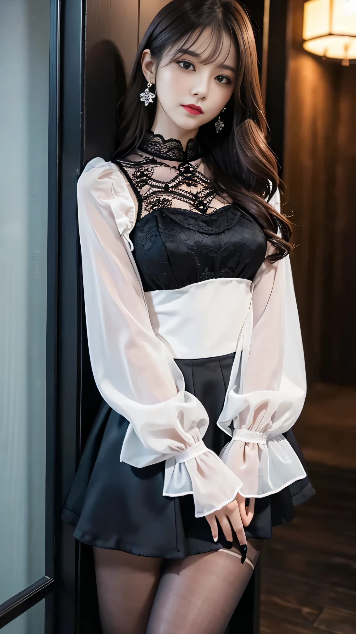 Super detailed、Japanese、charming beauty、seductive adult woman、Dainty woman、sharp eyes、cool girl、wavy hair、suit、Black chiffon、lacy fabric、wide sleeve、wearing a lace insert dress、white blouse、flare skirt、flower pantyhose、Shiny legs、evilの幹部、evil depravity、brainwashing、Mind control、lipstick、grin、邪evilなな表情、evil、empty eyes、邪evilな、one girl in a dark factory、Are standing