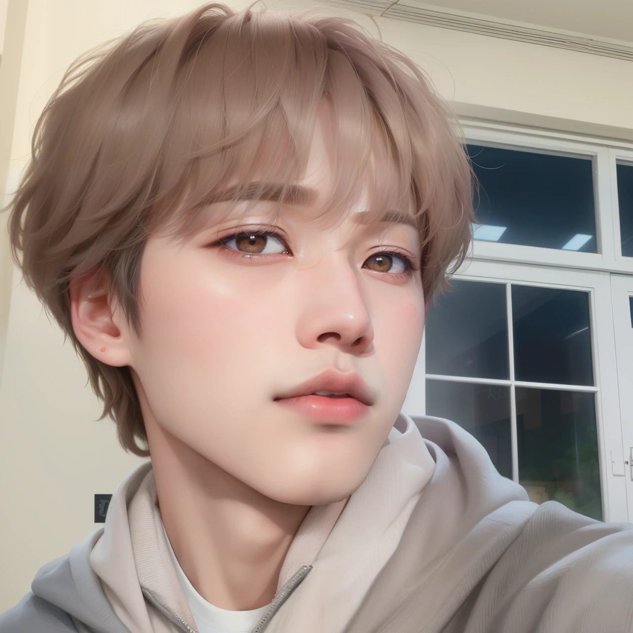 arafed boy with a gray hoodie and a pink lip, kim doyoung, Jung Jaehyun, Jimin\los labios carnosos, cai xukun, Jimin, yanjun chengt, TaeJune Kim, park Jimin, cuchilla del grupo de drenaje, Jinyoung Shin, foto de perfil en la cabeza, Jimin\his right eyelid is swollen, Jimin\la nariz griega