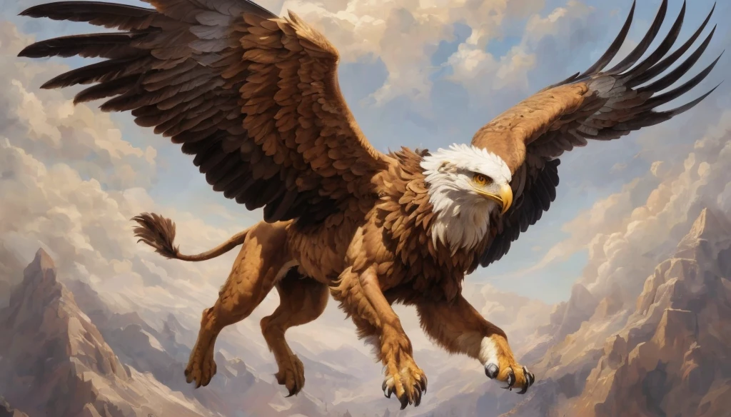 a gryphon, eagle headed lion with wings, soaring in the sky, mythic, epic, Intricate, High Detail, Sharp focus, dramatic, photorealistic painting art by greg rutkowski