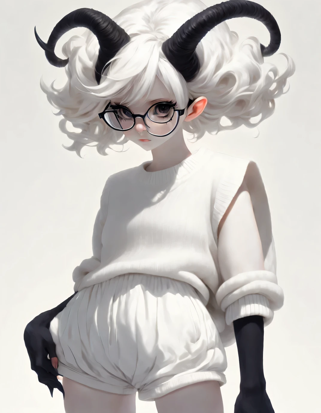 (Profile view,:1.2) A person&#39;s skin is very white、Demon girl with black horns, (Pitch-black eyes)，( Wearing a white vest sweater and white bubble shorts:1.2)  , white hair , Plenty of lighting , Very thin, freckle, intricate details, (Oversized glasses:1.2)