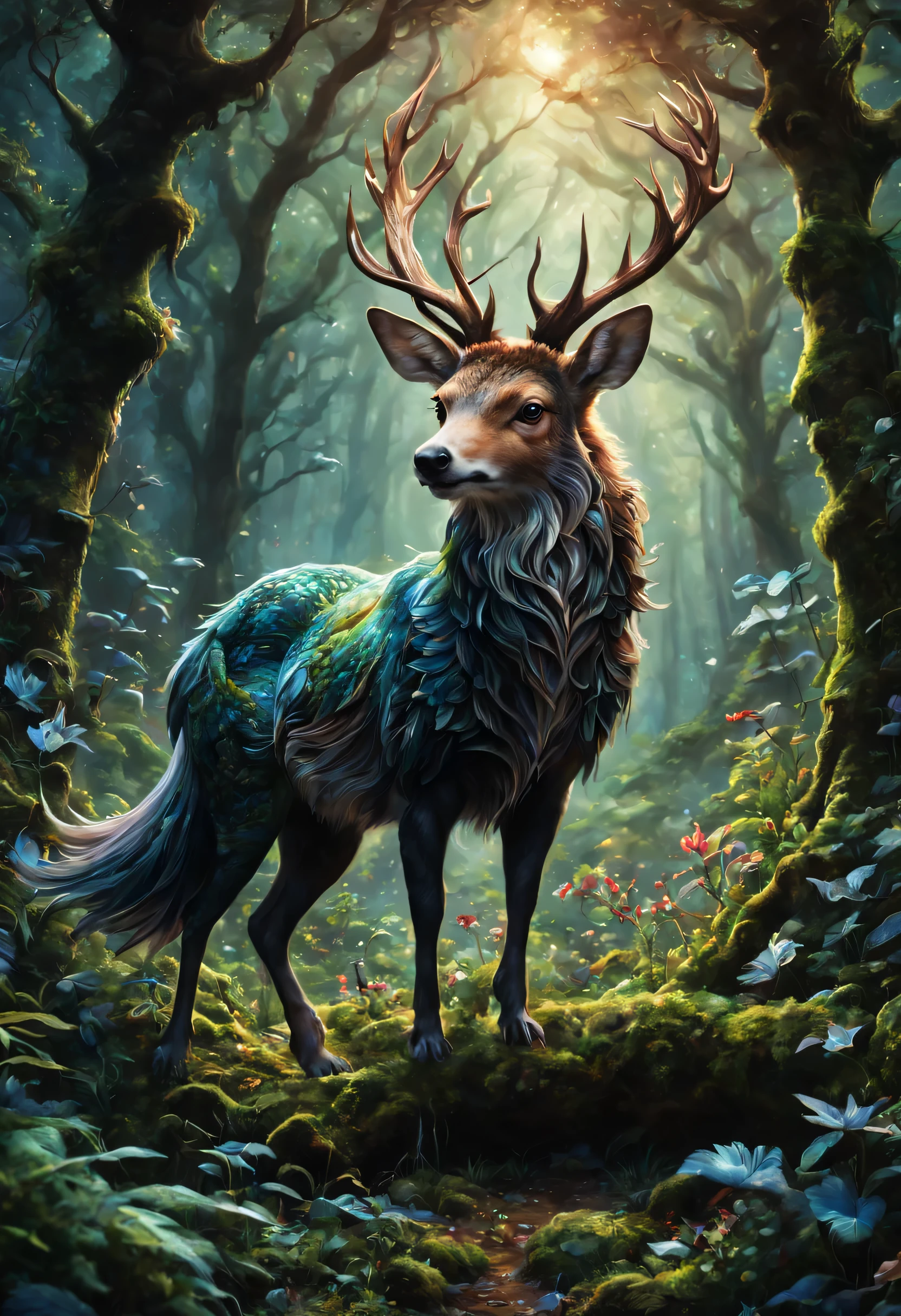 A mysterious enchanted forest, Fantastic animals living in the forest, Fantasy animals, magical world, mysterious creature, Bizarre creatures, Fantasy colors, enchanted forest, Fantasy elements, Fantasy elements, The forest is full of magic, It gives a sense of mystery、dreamy feeling, Charm Aura, (best quality,4K,8k,high resolution,masterpiece:1.2), Super detailed, (actual,photoactual,photo-actual:1.37), enchanted woodland, magical residents, mysterious flora and fauna, Vibrant and whimsical colors, charming elements, Atmospheric magic, fantastic forest scene, surreal environment, Strong sense of surprise and mystery.