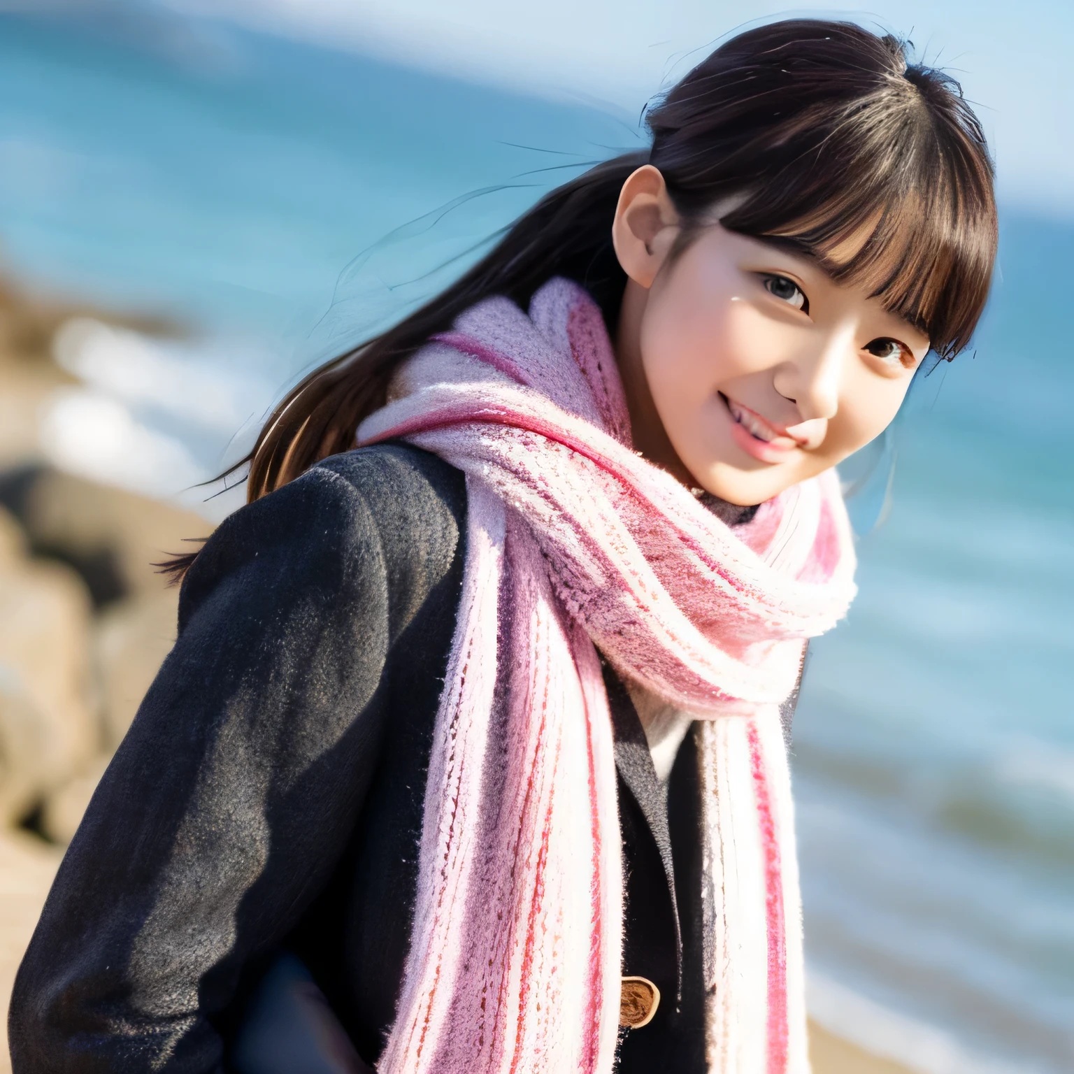 portrait,realistic,Japanese,20 year old girl,open your mouth a little,The body is frontal,looking at the viewer,vision,black hair in ponytail,bangs,smile,,smooth complexion, (from below:1.3),full body photo,Characters dressed in winter fashion。she、pastel sweater and matching skirt、comfortable trench coat、sophisticated jumpsuits and more、Wear an ensemble with unique elements。pastel colored scarf、chic mittens、elegant bags etc..、Decorated with impressive accessories、The background is the coast、sandy beach、beach(masterpiece:1.25),(clear eyes:1.1),(Gentle atmosphere:1.1),low contrast