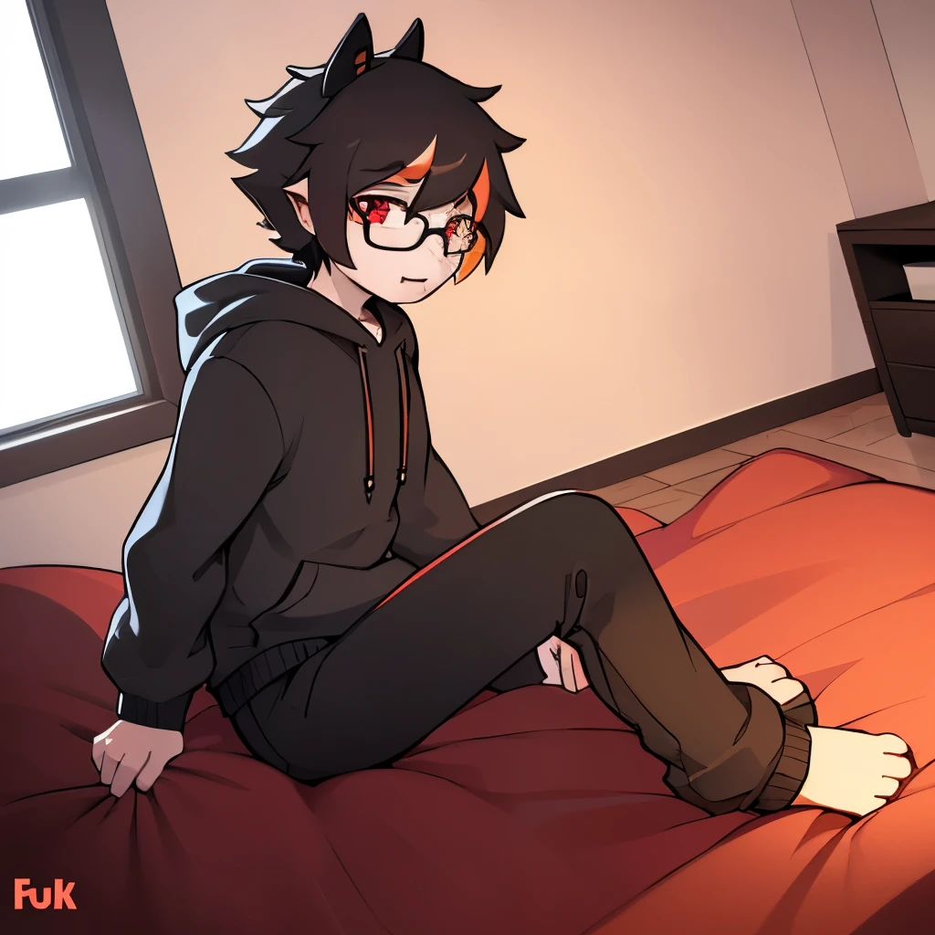 demon, no fur, fluffy black hair, glasses, only person, pale skin, orange highlights, crimson eyes, profile picture, demon tail, male, femboy, in room, gay, hoodie and pants, demon tail, profile picture, sweatpants, introvert, only person in room